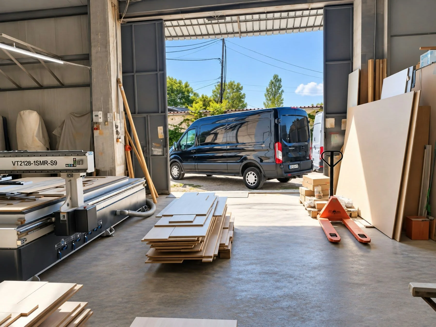 Prepared furniture components and delivery vehicle at the production facility