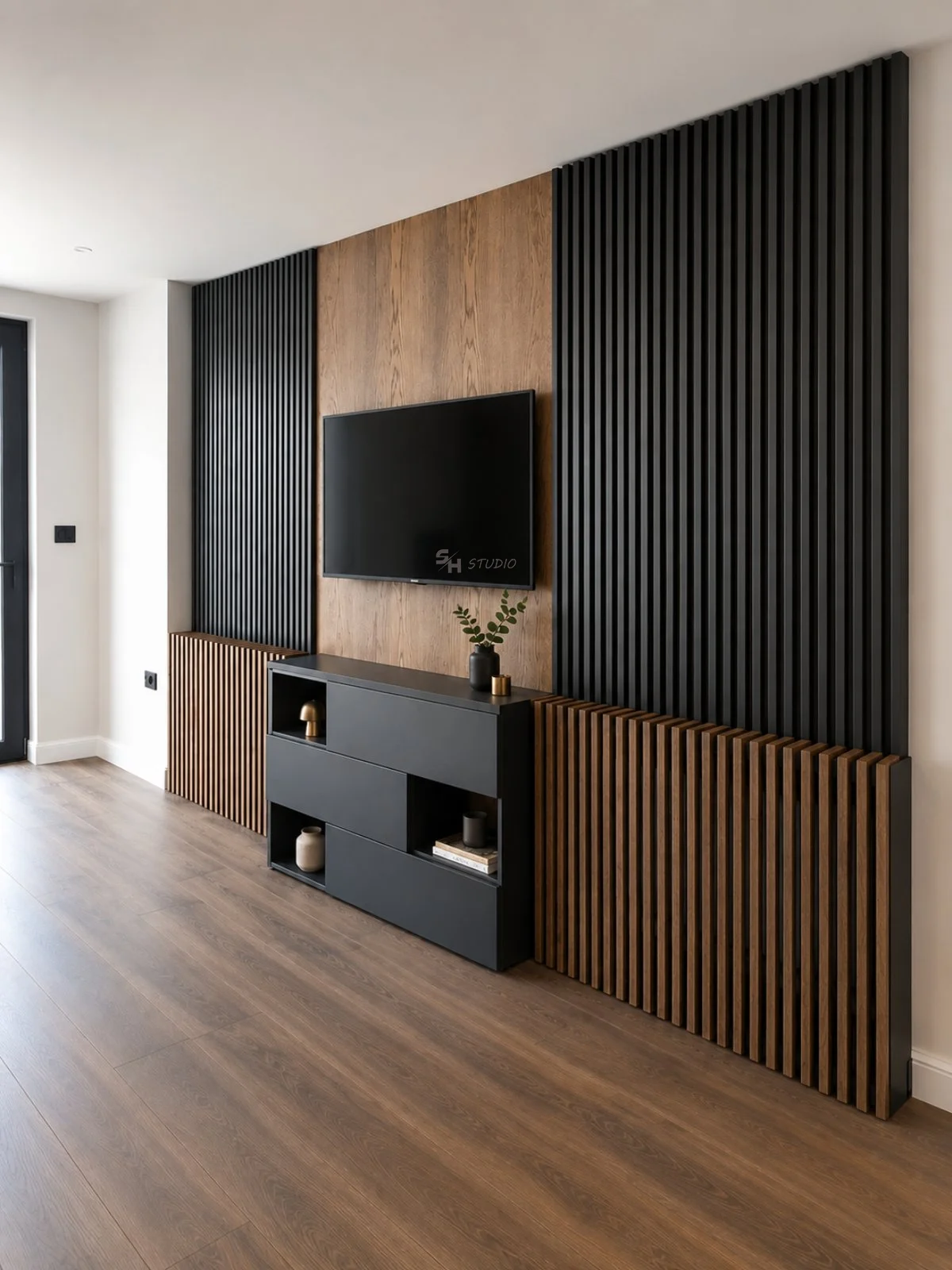KDKS — TV wall with black super-matt slats and waxed oak-veneered MDF