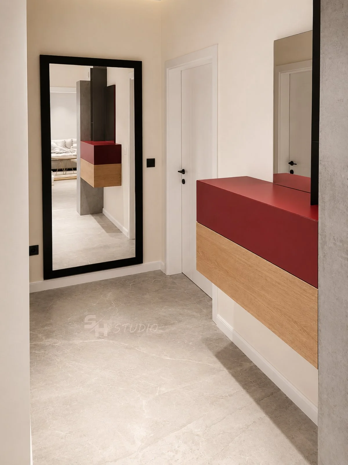 KDIA — entrance hall with wall-mounted two-colour cabinet and full-height mirror