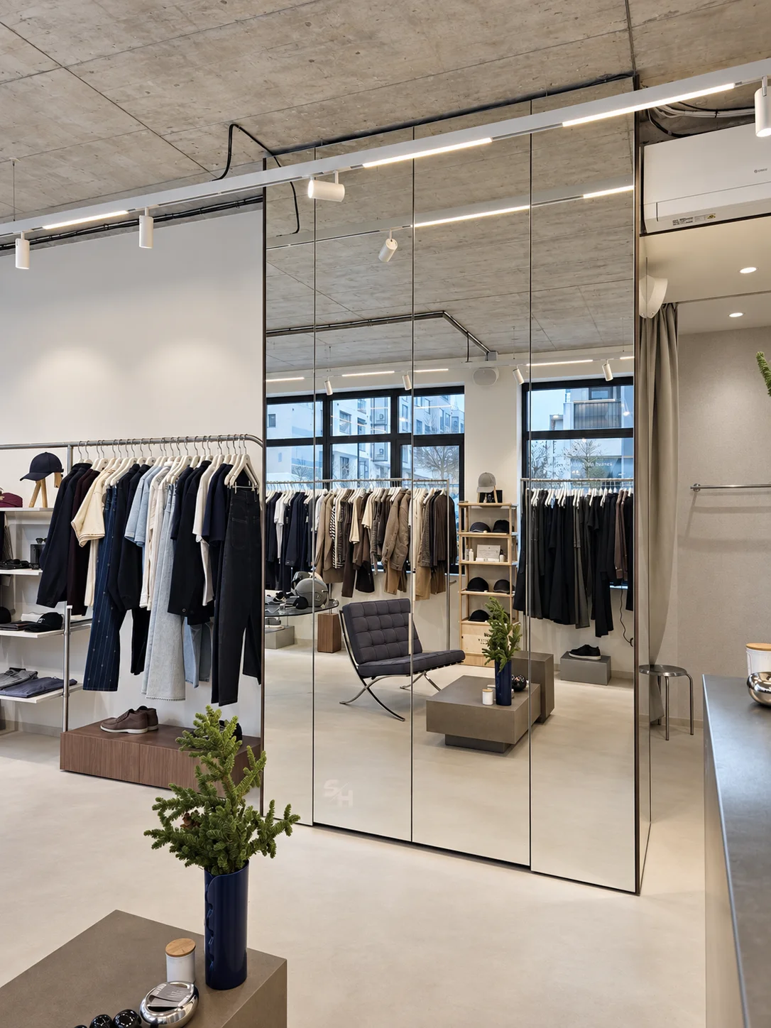 AND menswear store — sales floor with walnut-look wall units, clothing rails and display plinths