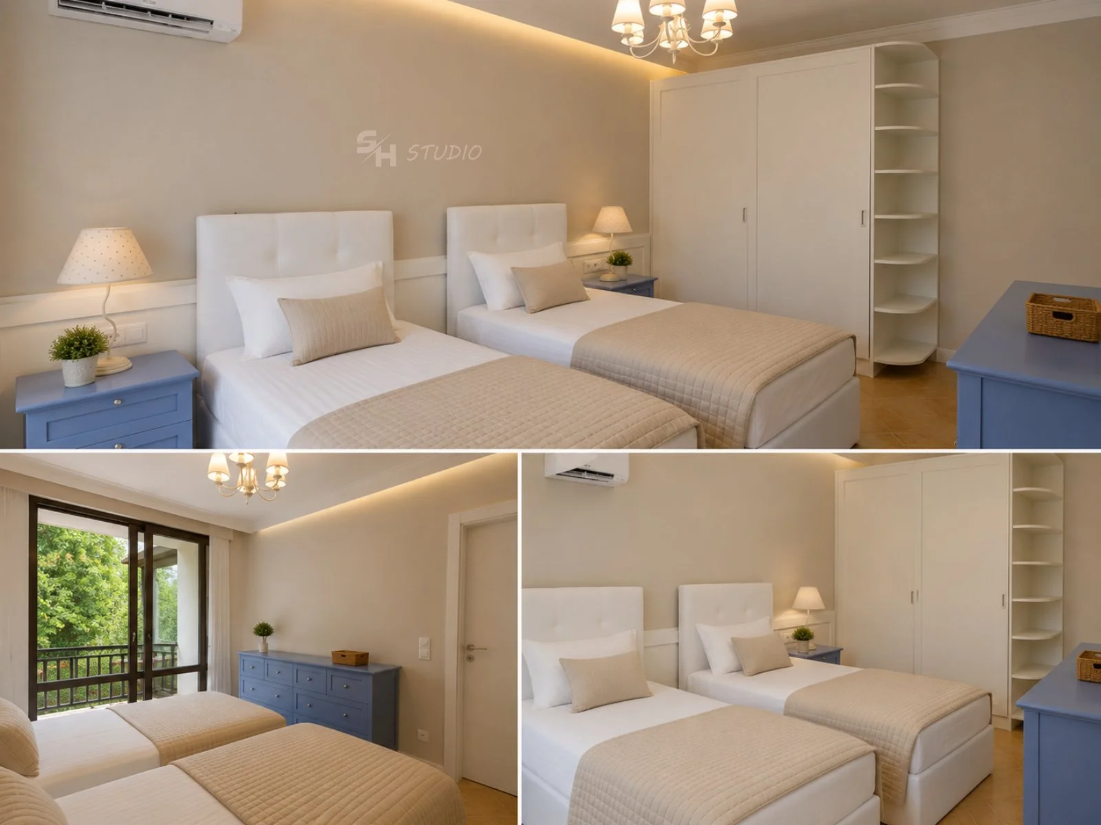 DIYT Apartment — children's room with twin upholstered beds, fitted wardrobe and painted furniture