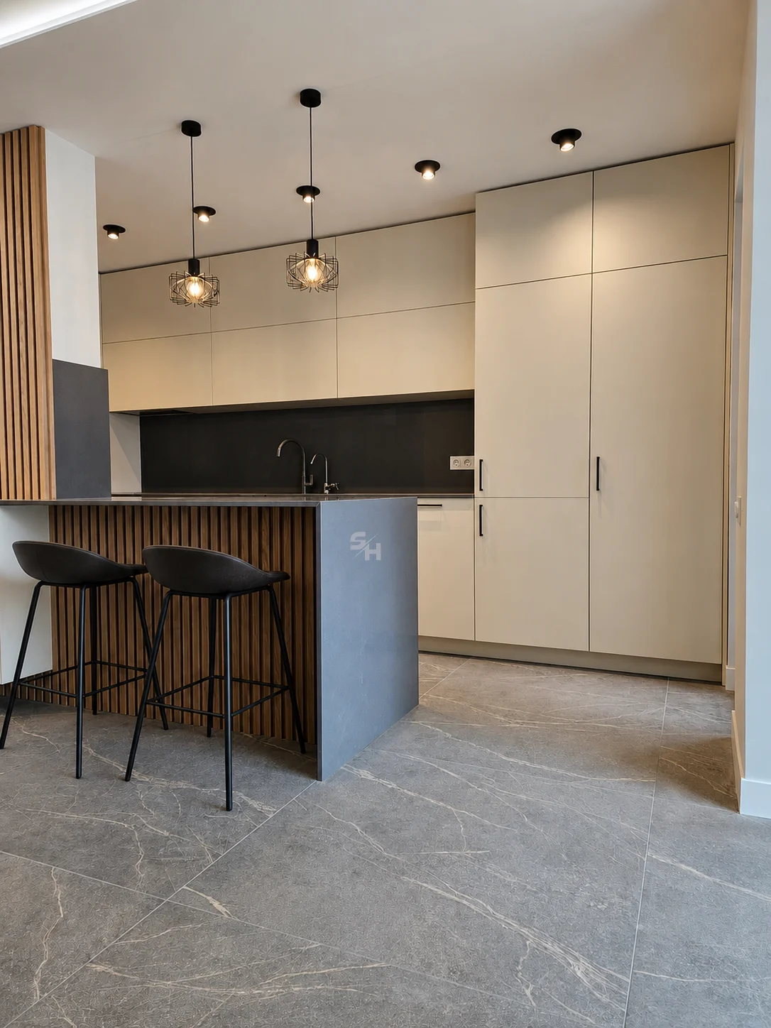 KDIA Kitchen & Living Room — kitchen in super-matt painted MDF with ExStone worktops