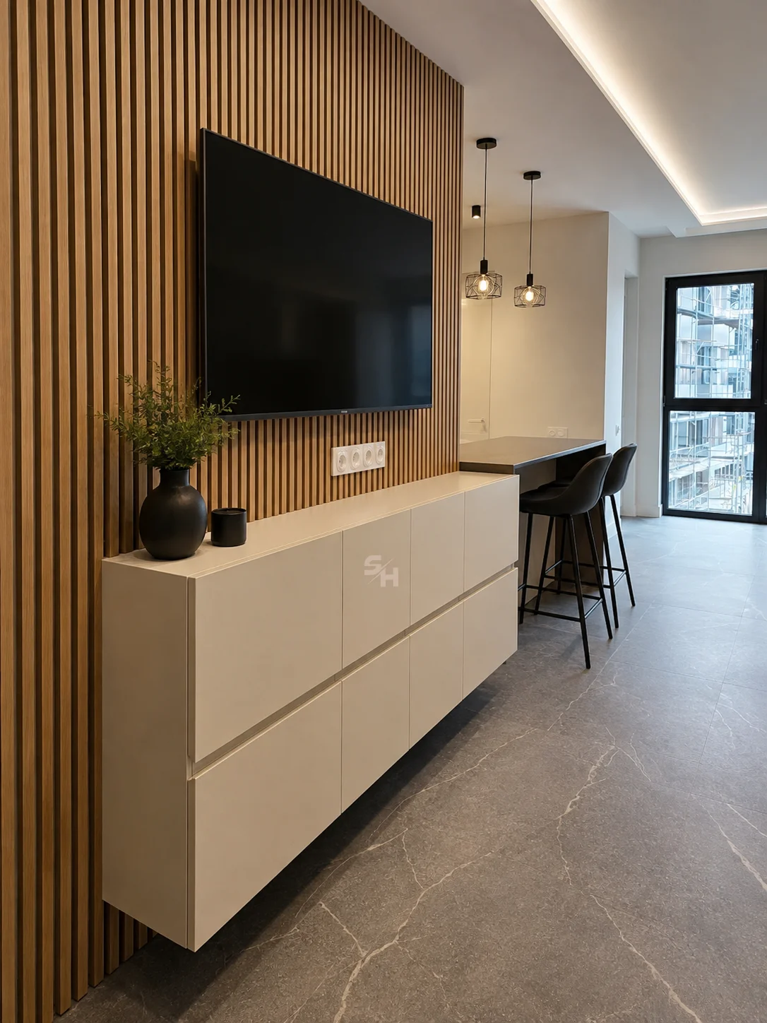 KDIA Kitchen & Living Room — living room with slatted oak wall and low wall-mounted cabinet