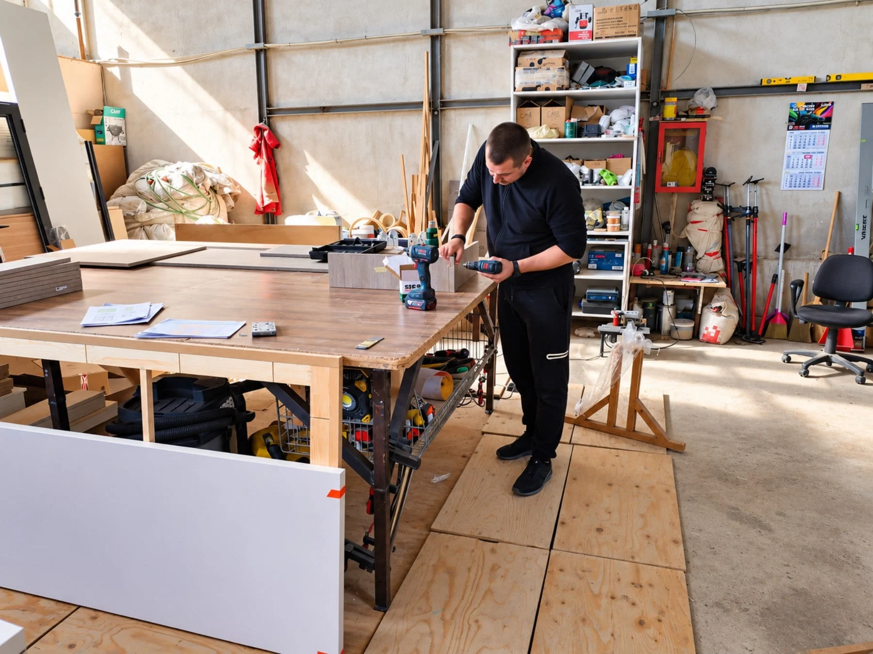 Craftsperson assembling a furniture cabinet in the workshop