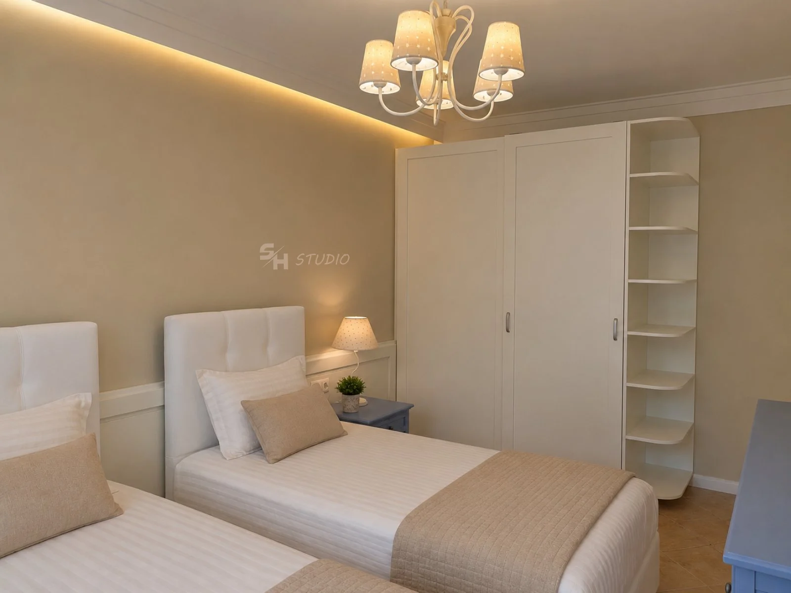 DIYT Apartment — twin beds beside the sliding-door wardrobe and open corner shelves
