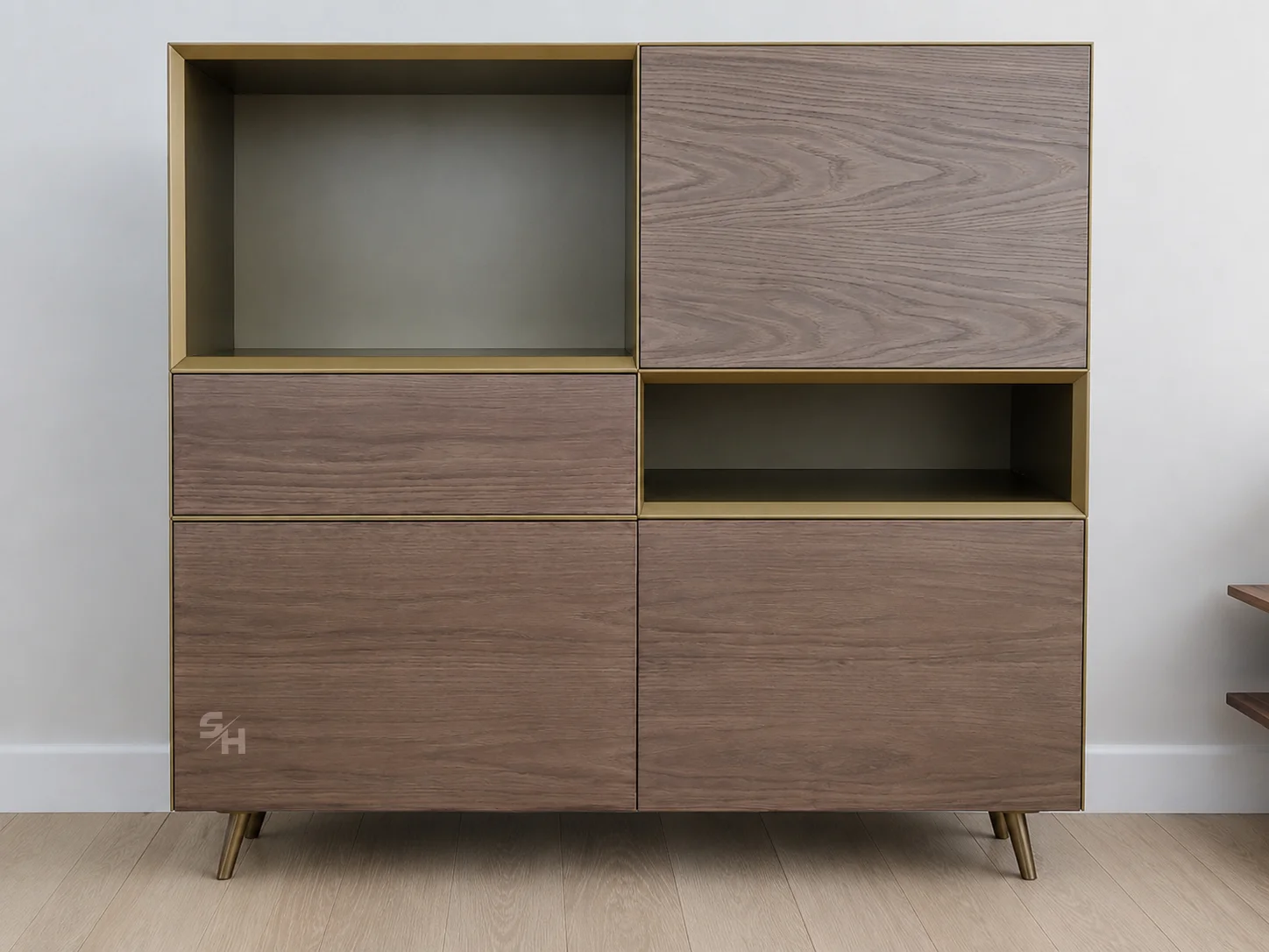Customized Drawer — freestanding veneer cabinet with gold-painted frame