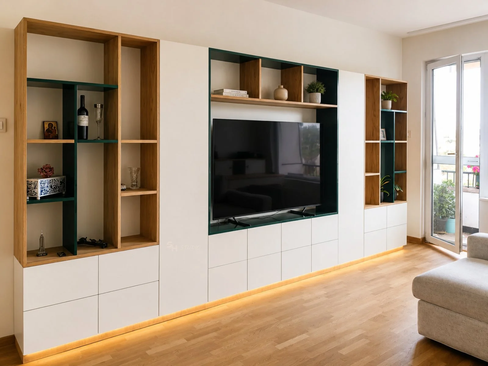 Living Room — living room with open oak shelving, green display niches and integrated TV wall with LED lighting
