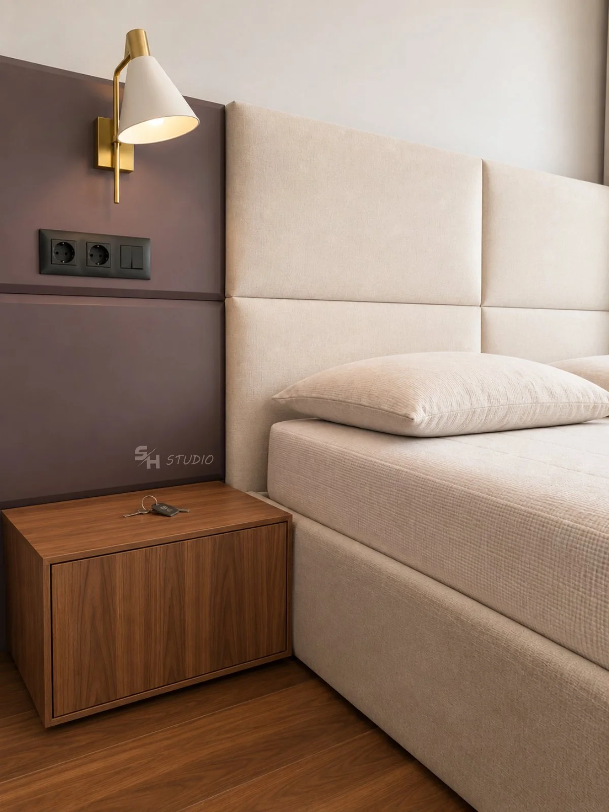 ADVH — walnut bedside cabinet beside the upholstered guest bed