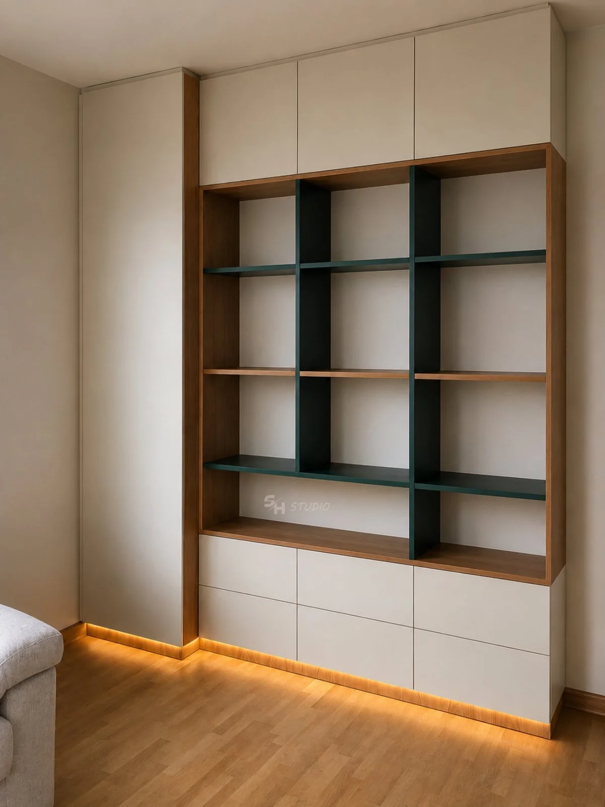 Living Room — full-height living-room composition with oak open shelving and closed white storage