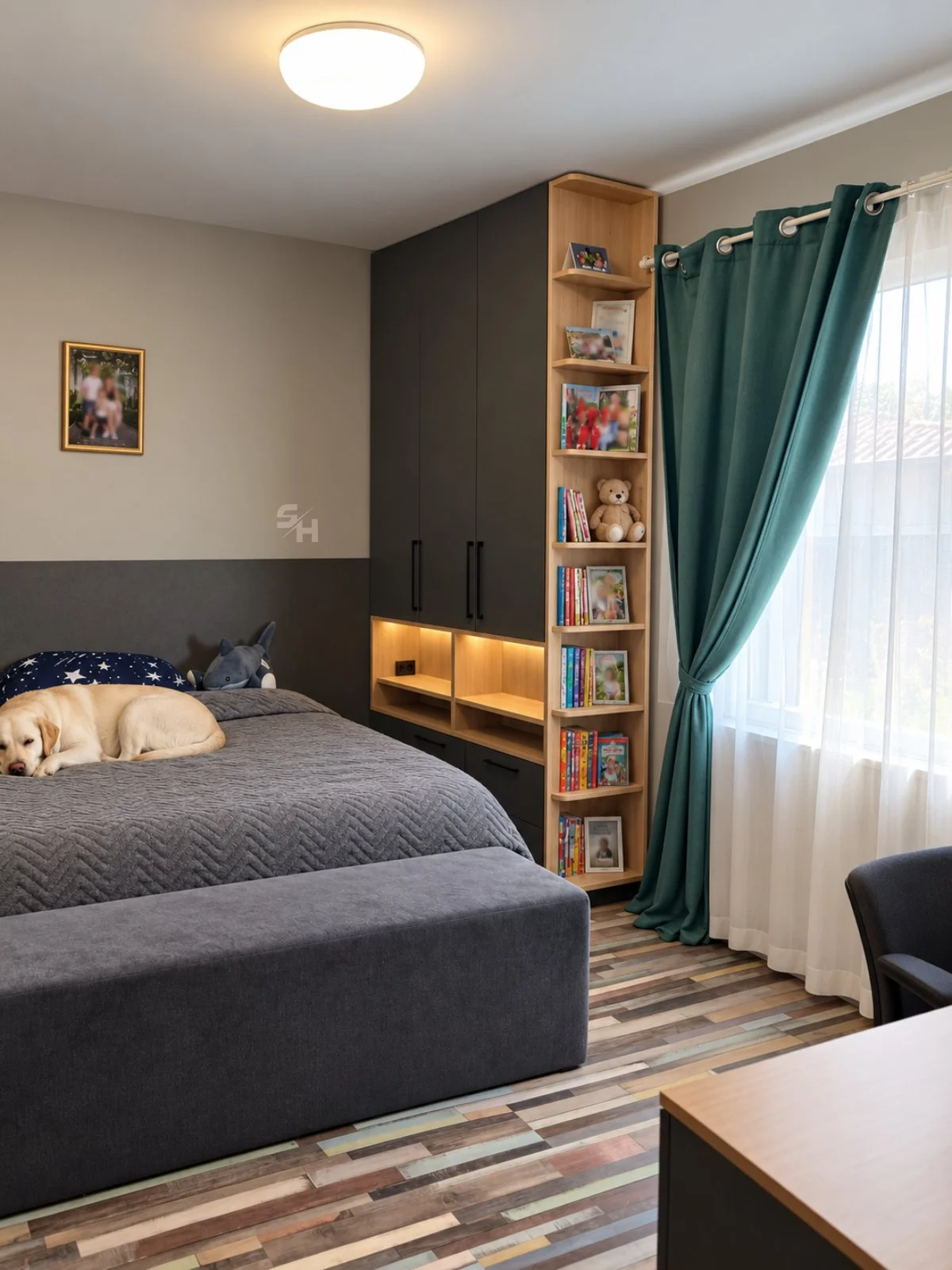 IATA — children's room wardrobe with lit oak niches and corner bookshelf