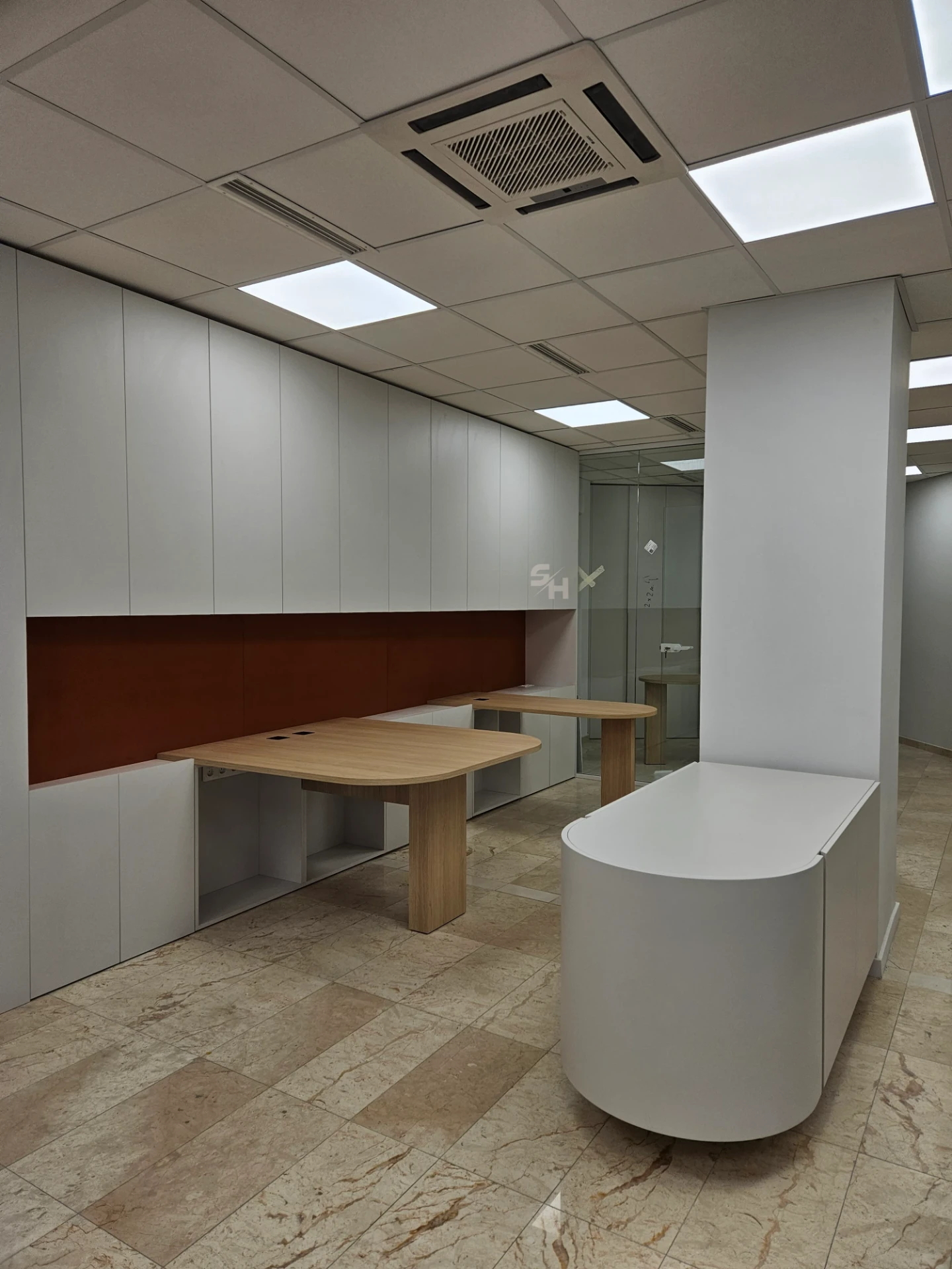 VDR Office — creative workspace with curved desks, filing wall and mobile curved cabinet