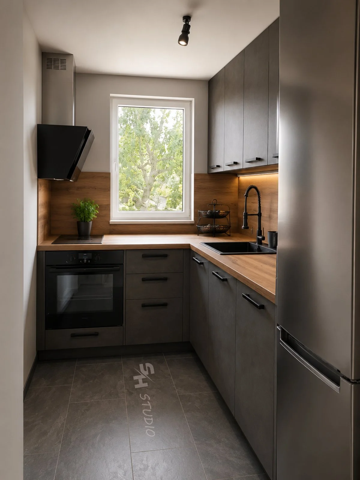 DD Residence — L-shaped kitchen with integrated oven and window