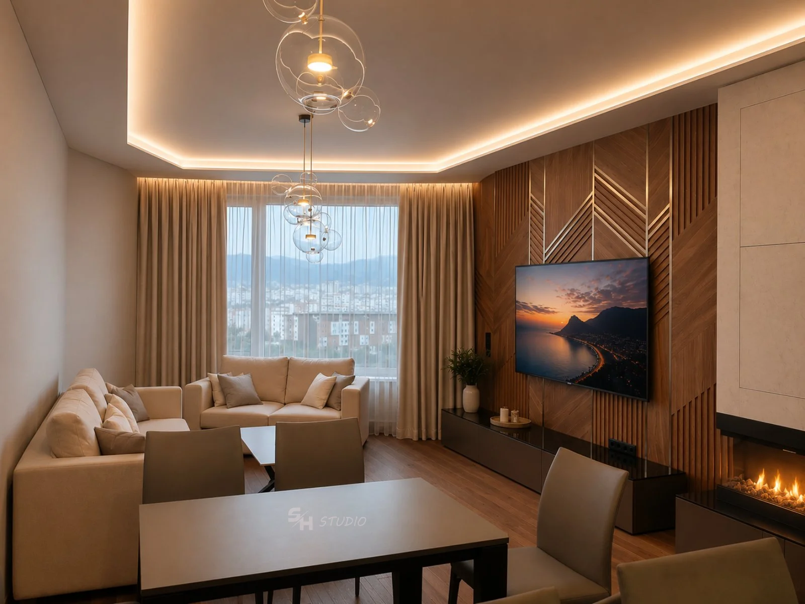 ADVH — living room with custom sofas, fireplace and walnut TV composition