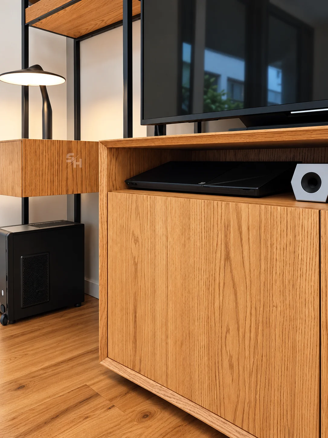 DTDSG — oak cabinet detail beneath the TV