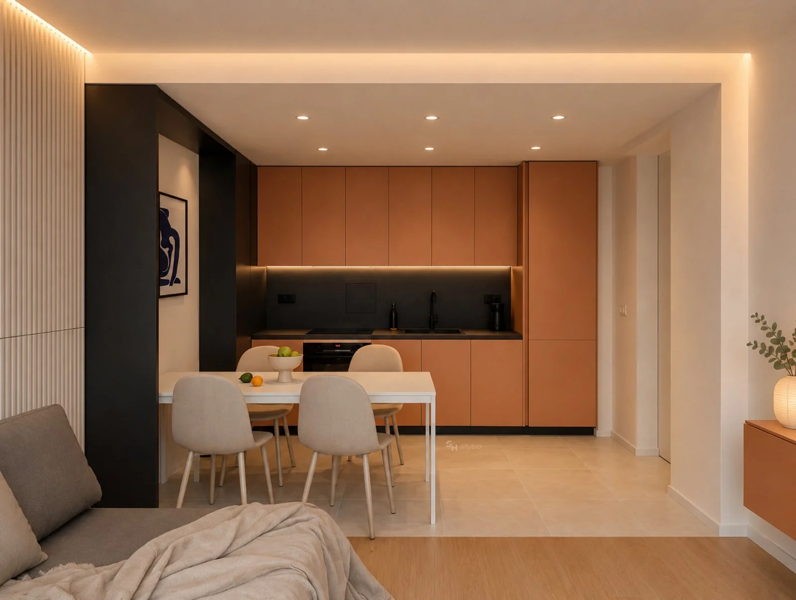 ETS1 — kitchen and dining area in warm laminated chipboard, seen from the living room