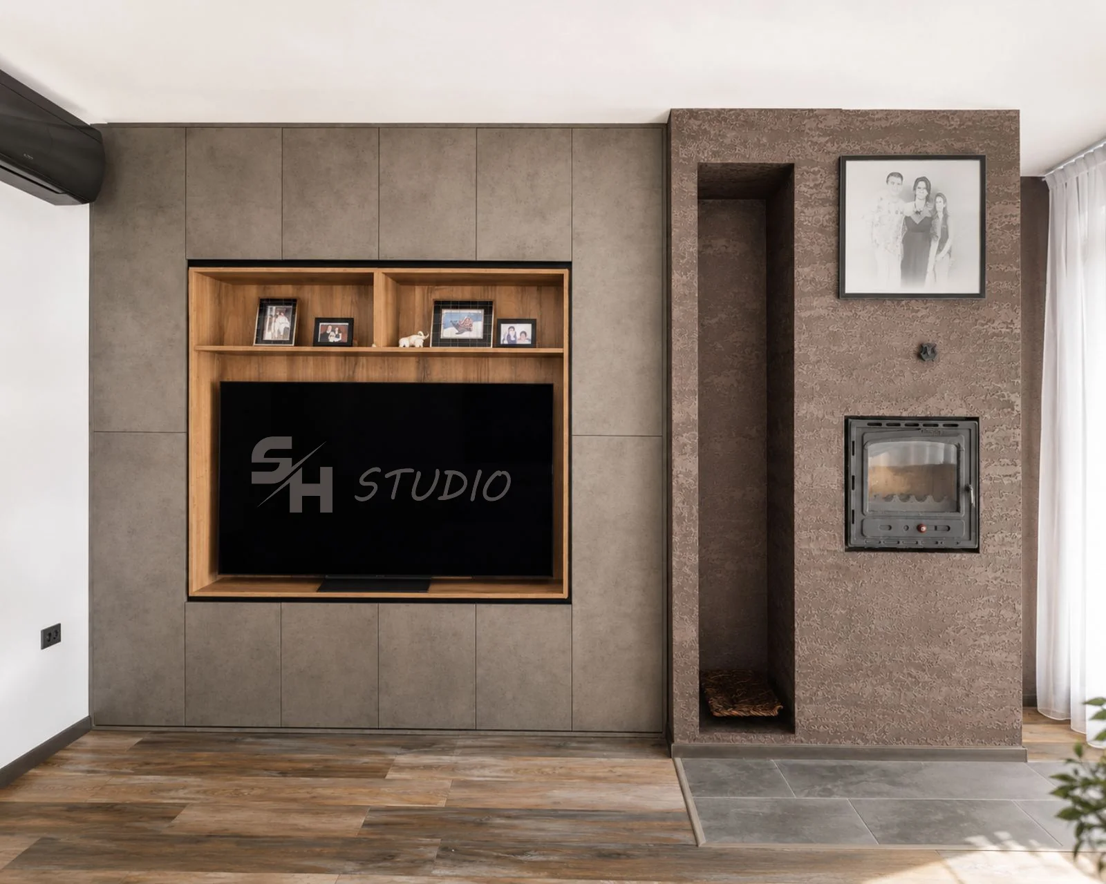 DD Residence — custom media wall with integrated television storage and fireplace