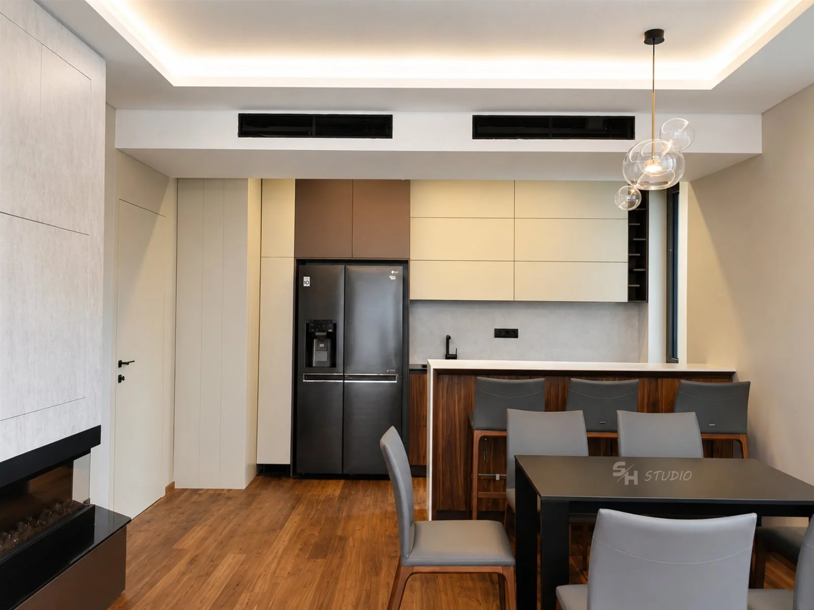 ADVH — kitchen with island and dining area in the open-plan living space