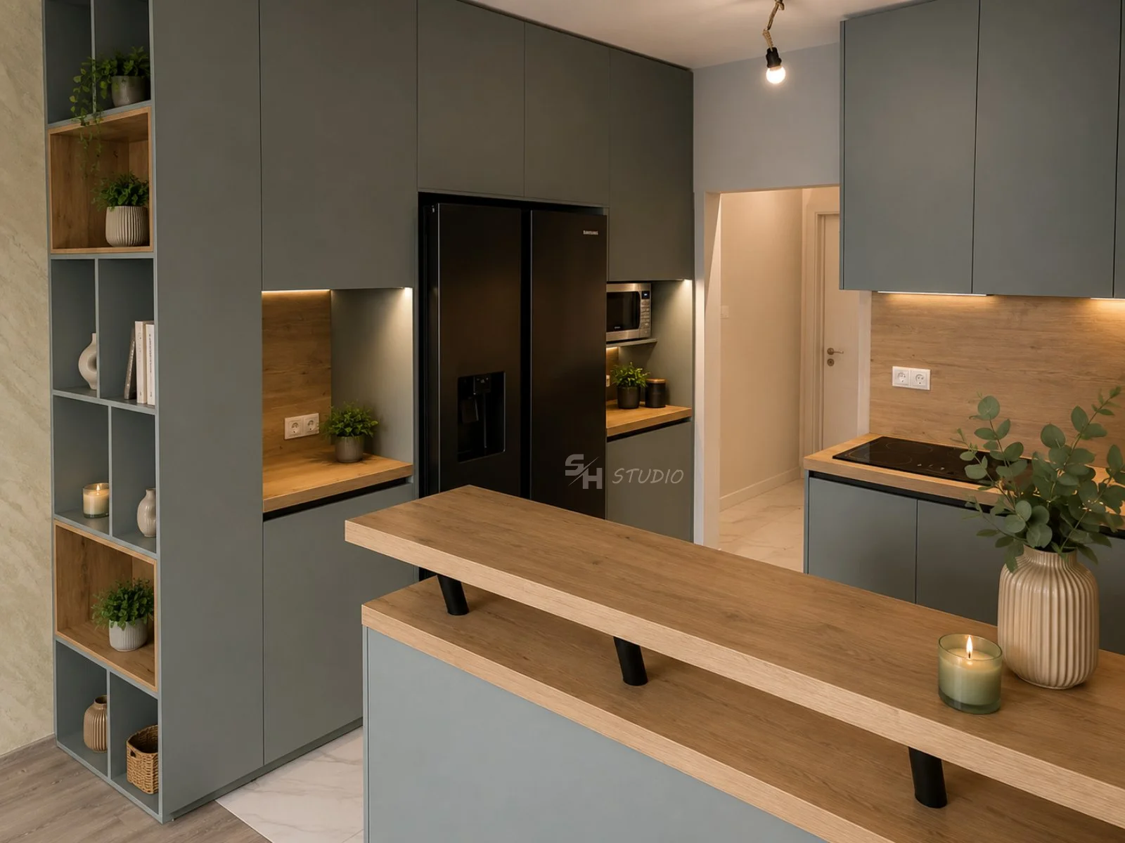 BPN Residence — tall units with integrated refrigerator and lit niches