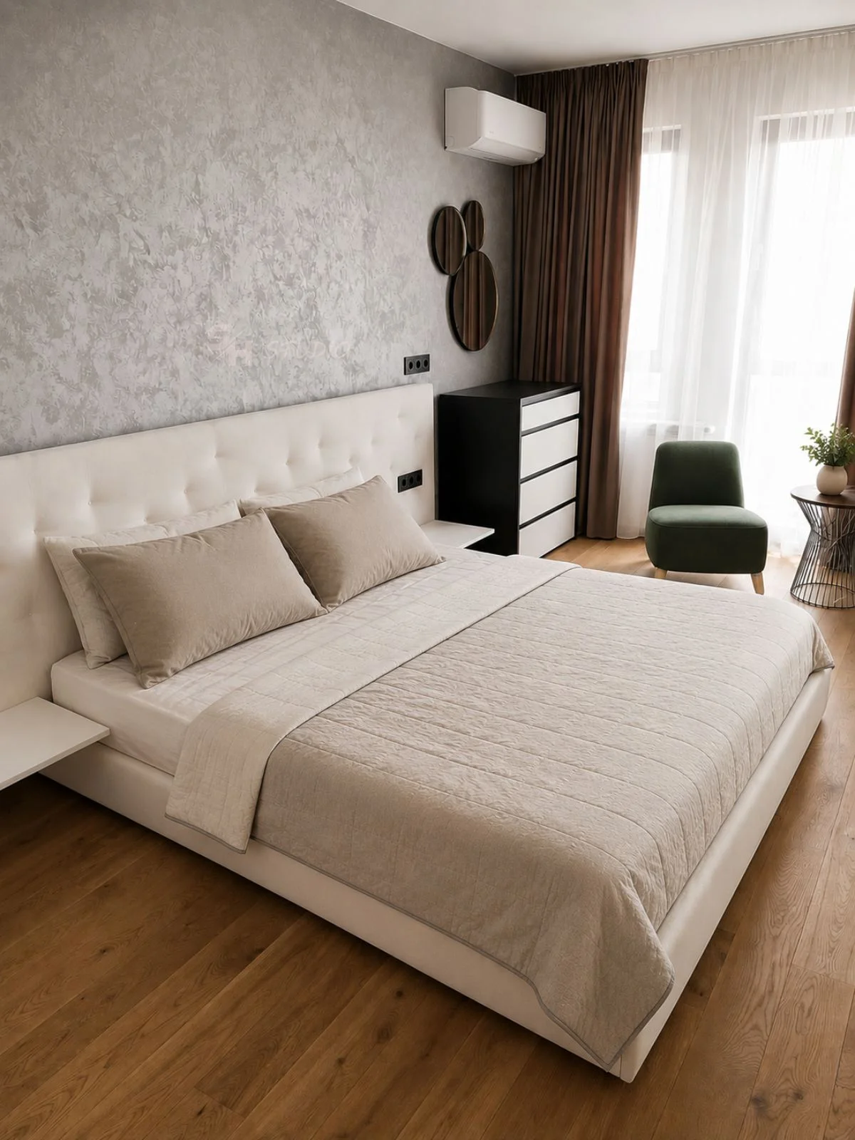 KDIA — bedroom with upholstered bed, fitted storage and chest of drawers