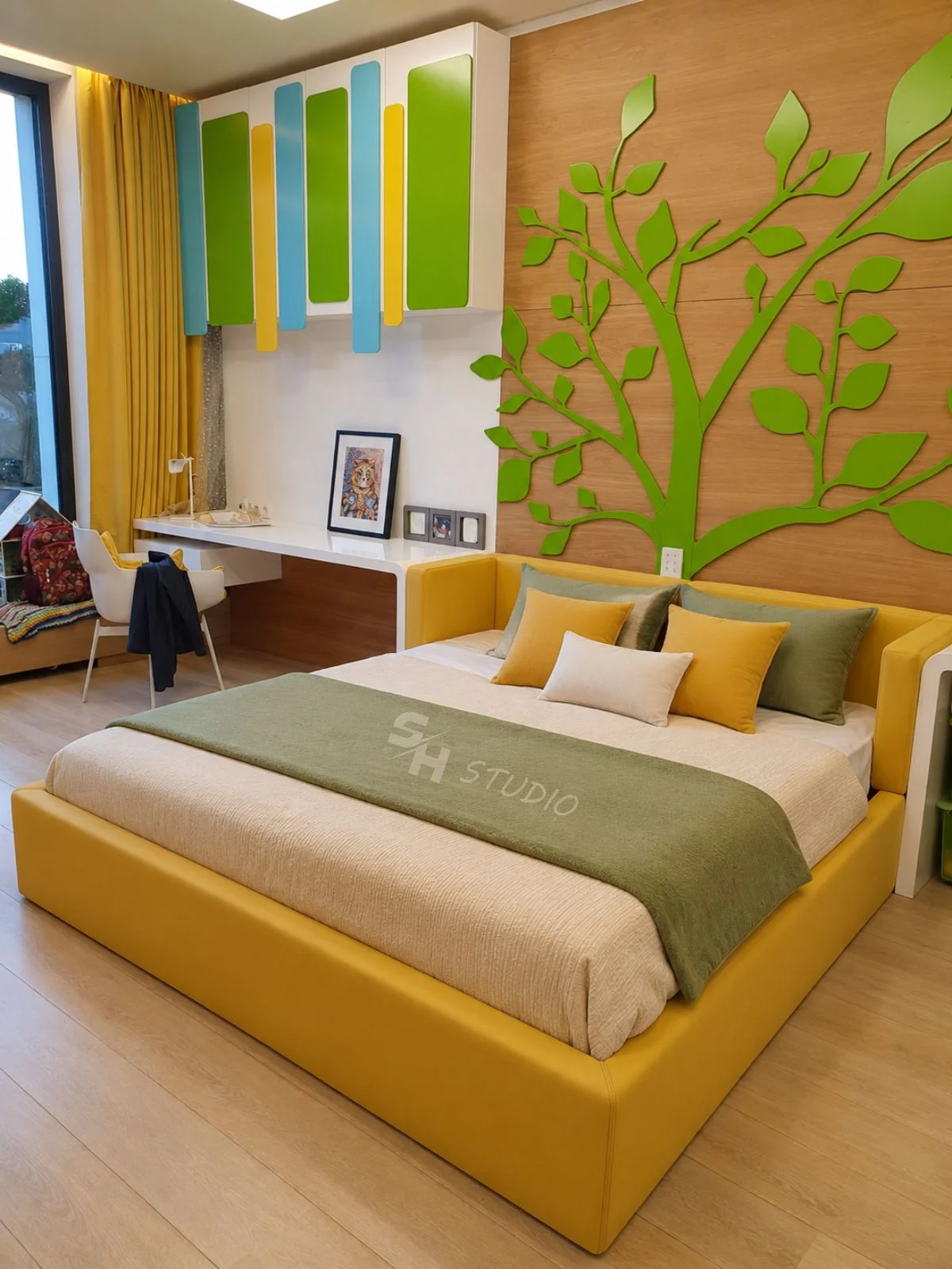 ARY Residence — custom bedroom with upholstered yellow storage bed and botanical wall panelling