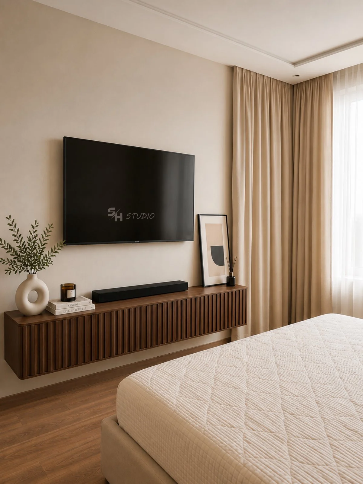 ADVH — floating TV cabinet with routed door fronts in the main bedroom
