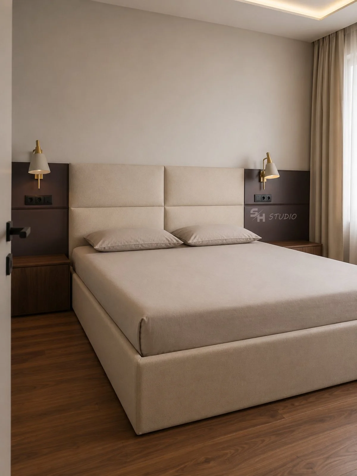 ADVH — guest bedroom with upholstered headboard and super-matt wall panels