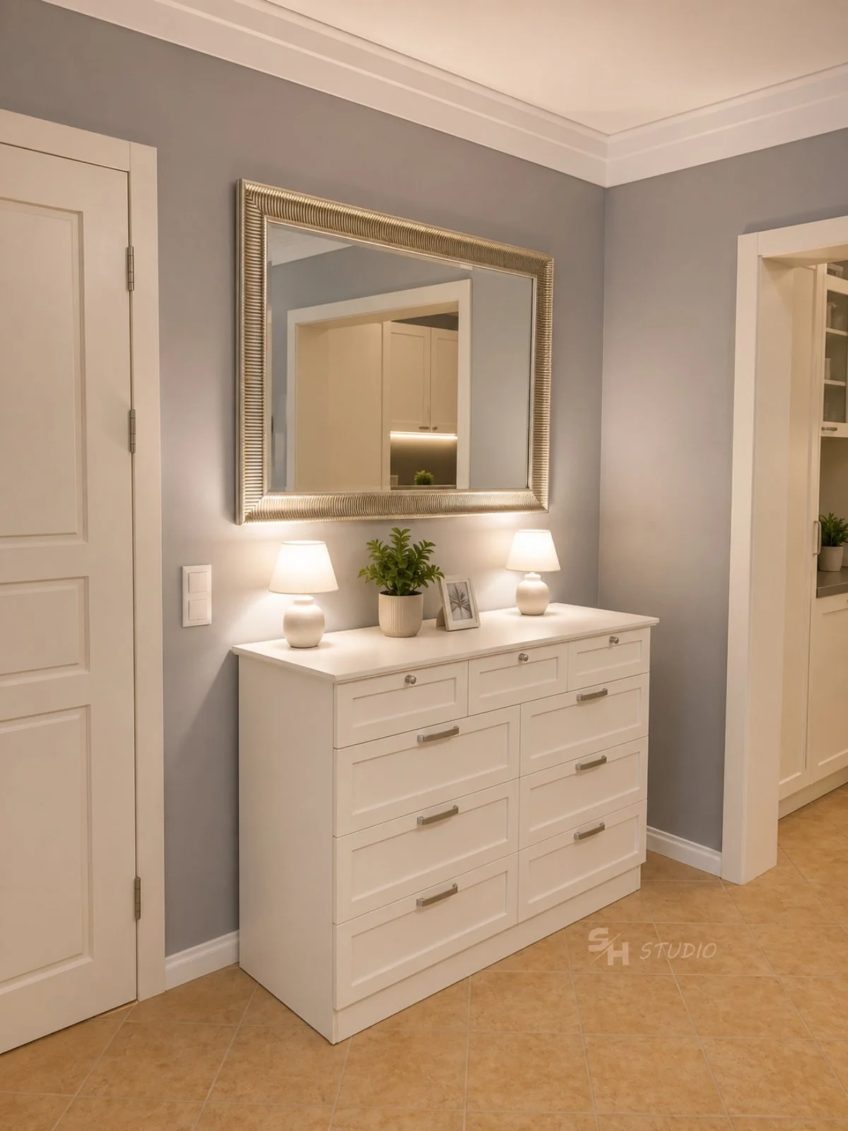 DIYT Apartment — framed chest of drawers with mirror beside the kitchenette
