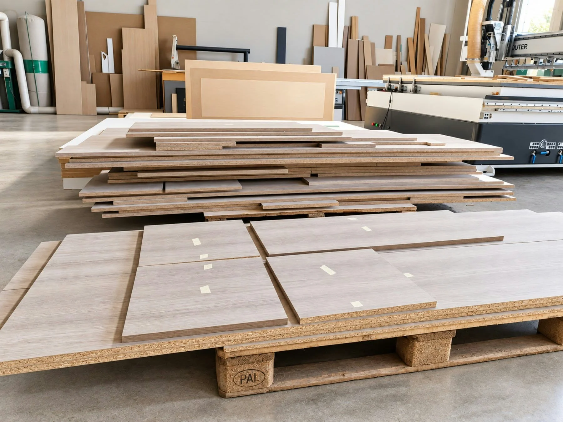 Prepared furniture panels organised in the SH Studio production facility