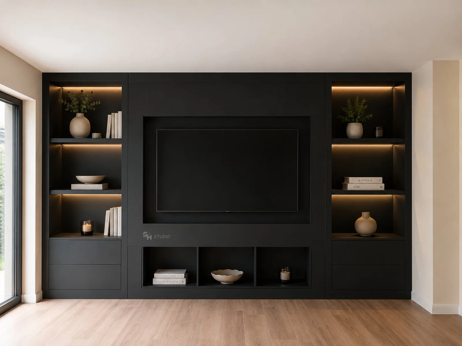KDKS — black TV wall composition with open shelving and LED-lit niches