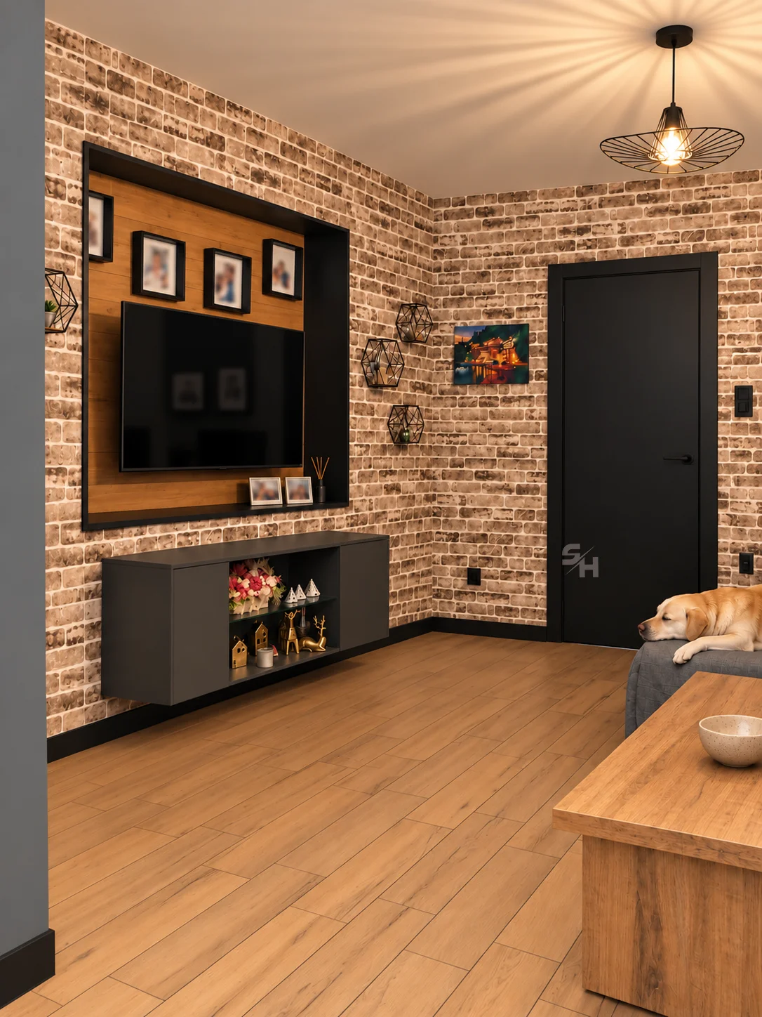 IATA — floating media cabinet and framed TV niche on the brick wall