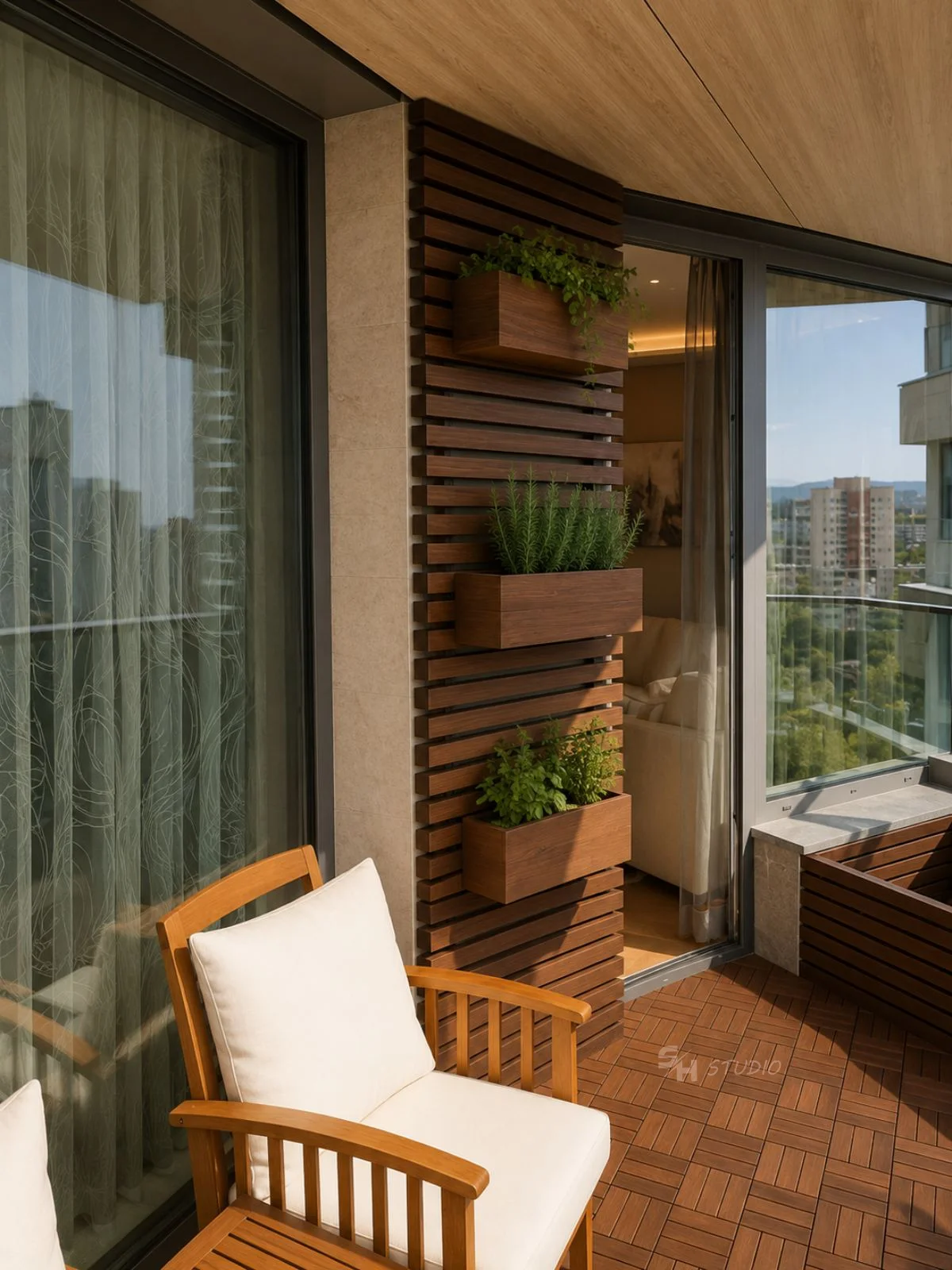 ADVH — slatted teak wall with planters and seating on the covered balcony