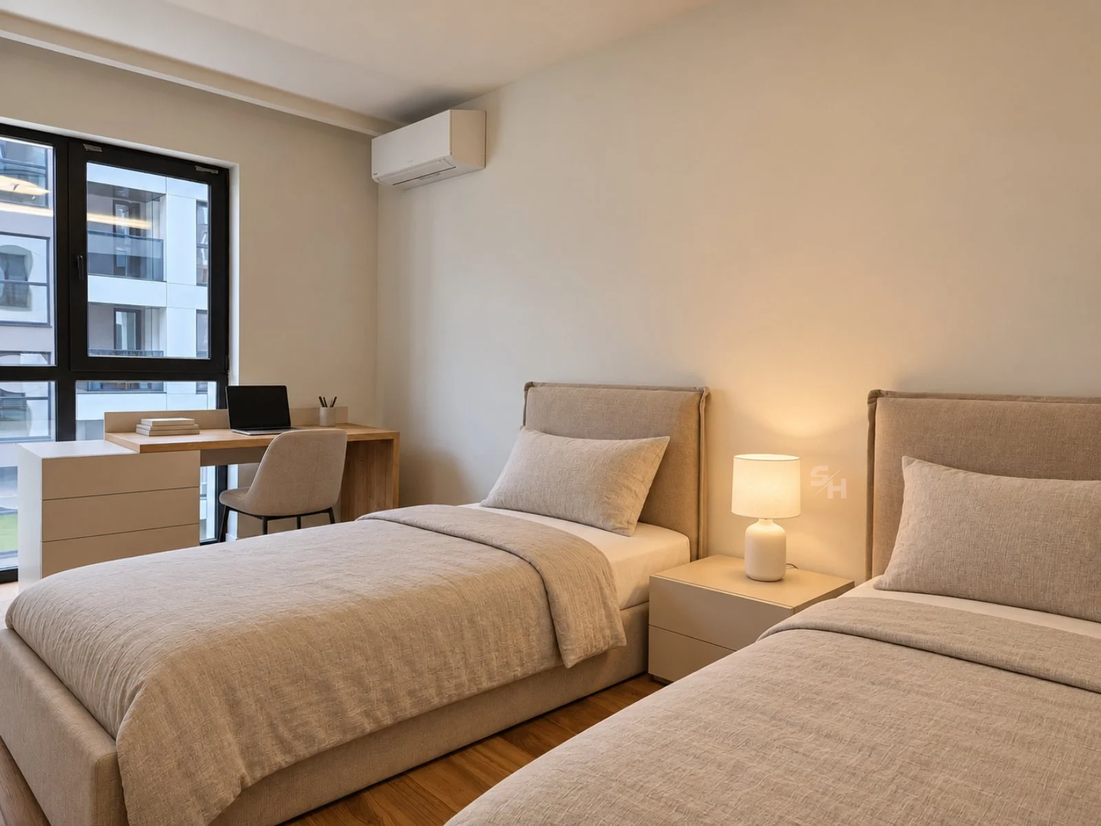 KDIA — twin upholstered beds with bedside cabinet and window desk