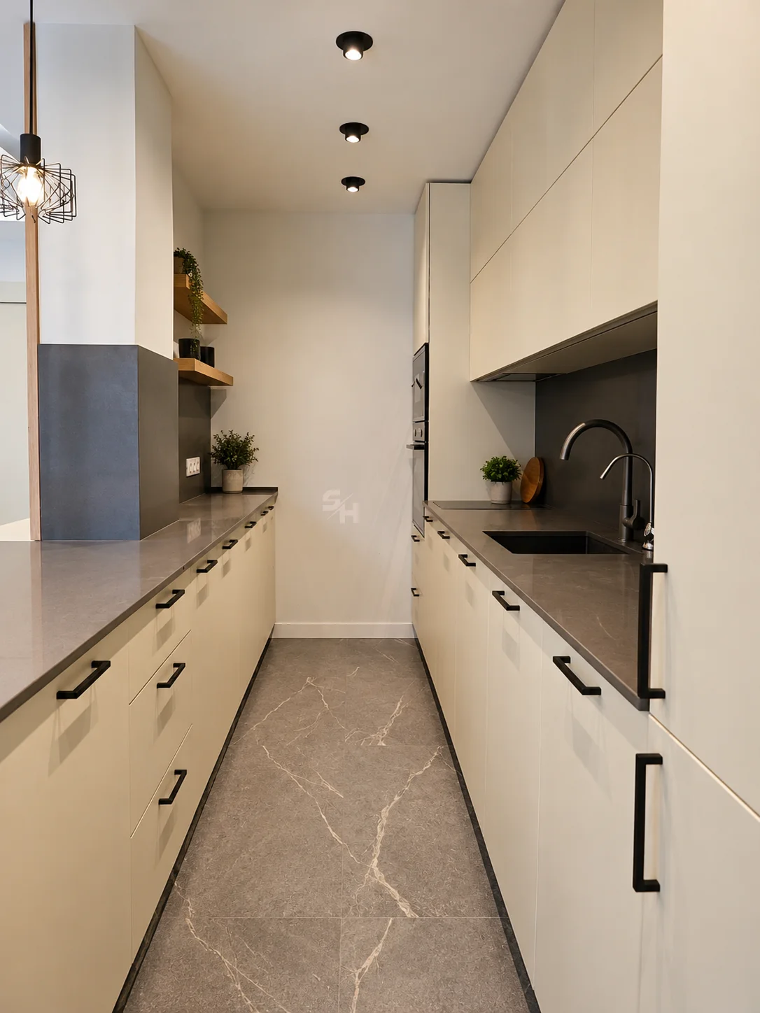 KDIA Kitchen & Living Room — kitchen in super-matt painted MDF with ExStone worktops
