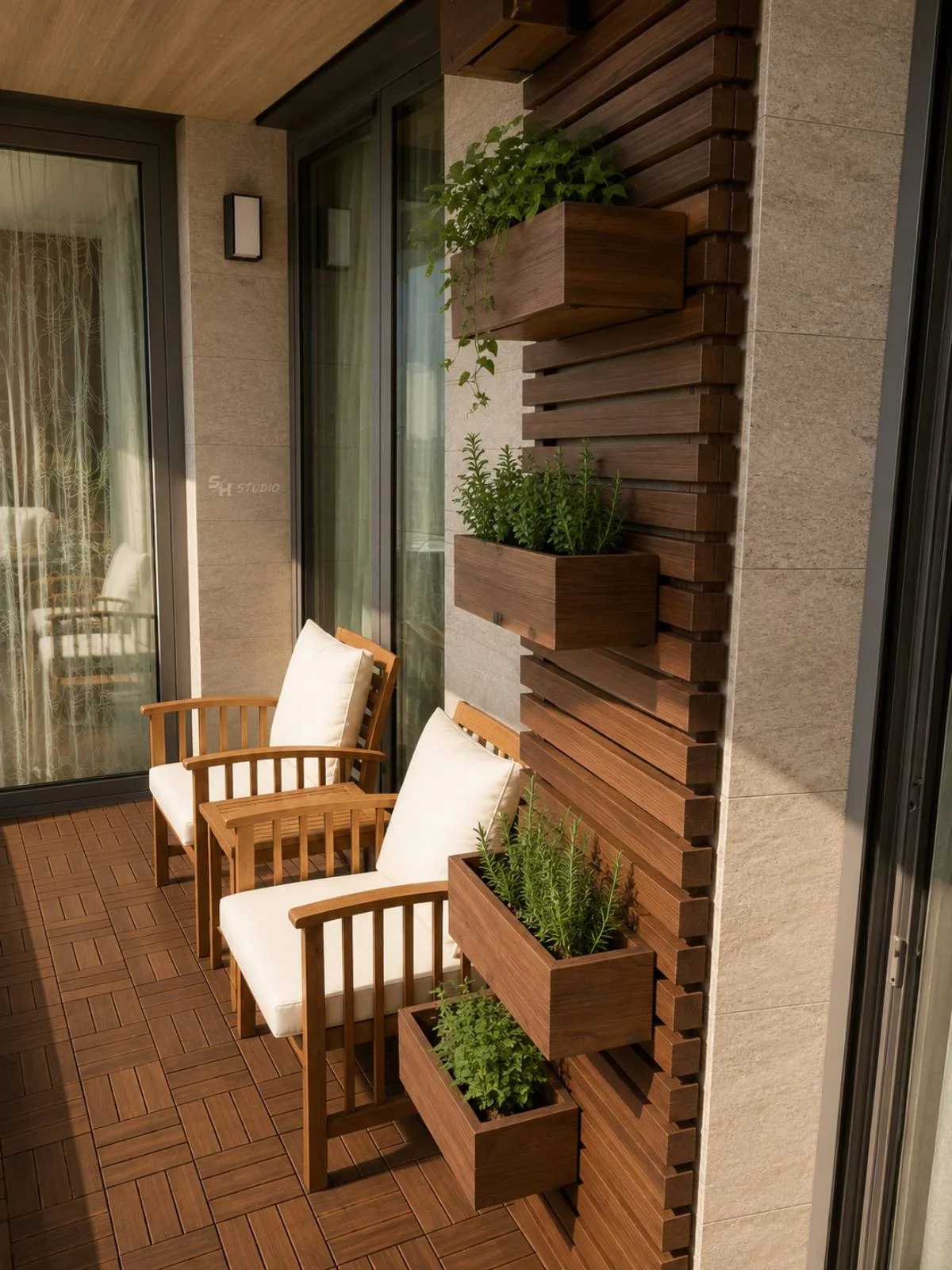 ADVH — balcony with teak armchairs and the wall of movable planters