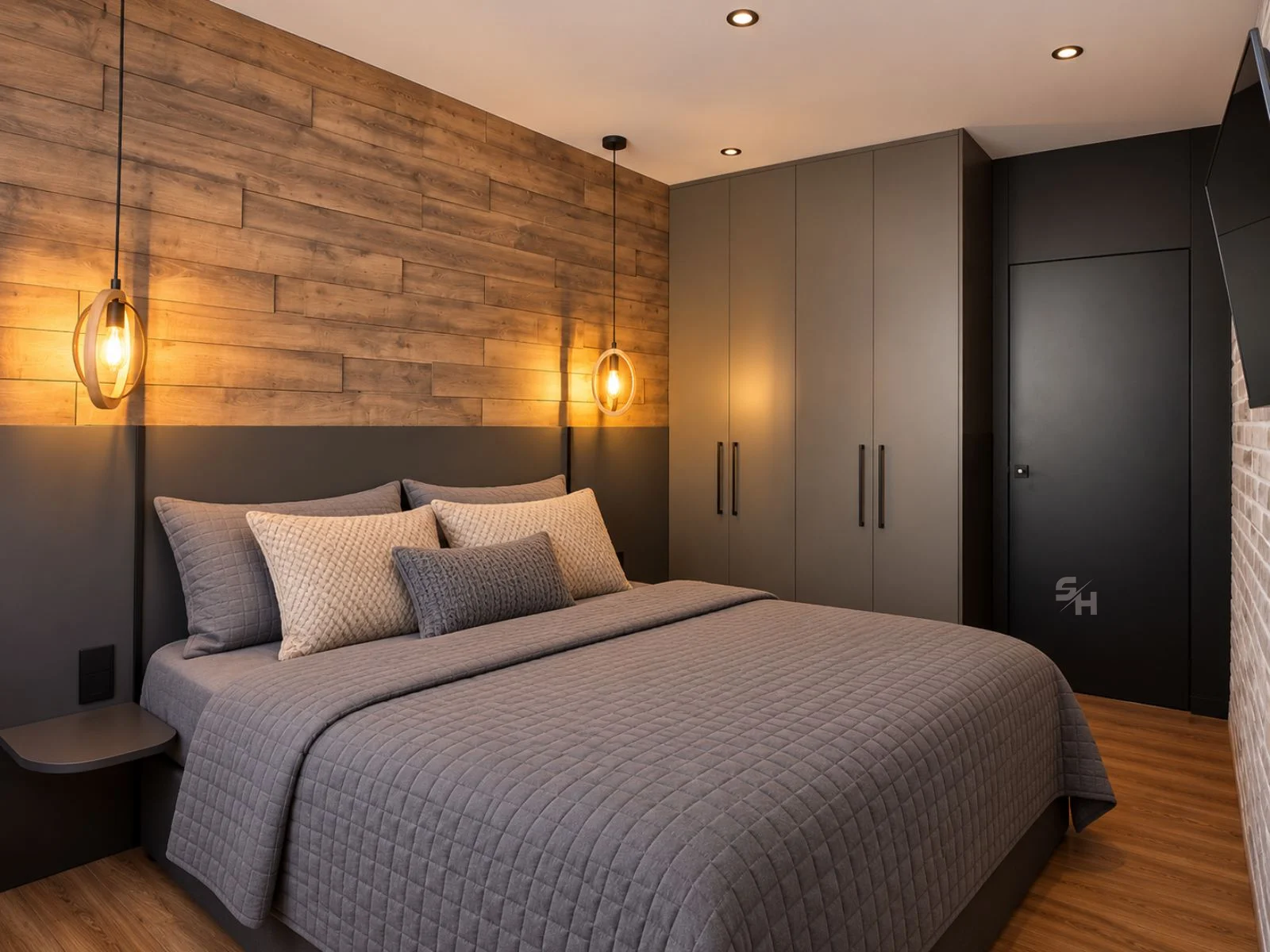 IATA — bedroom with wood-plank wall, anthracite headboard panel and wardrobe