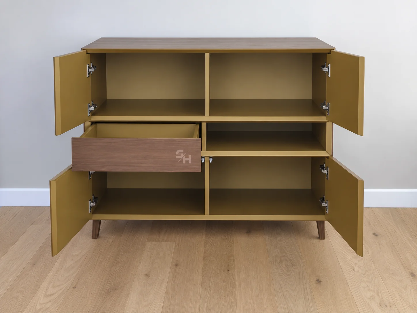 Customized Drawer — open doors and drawer with gold-painted interior
