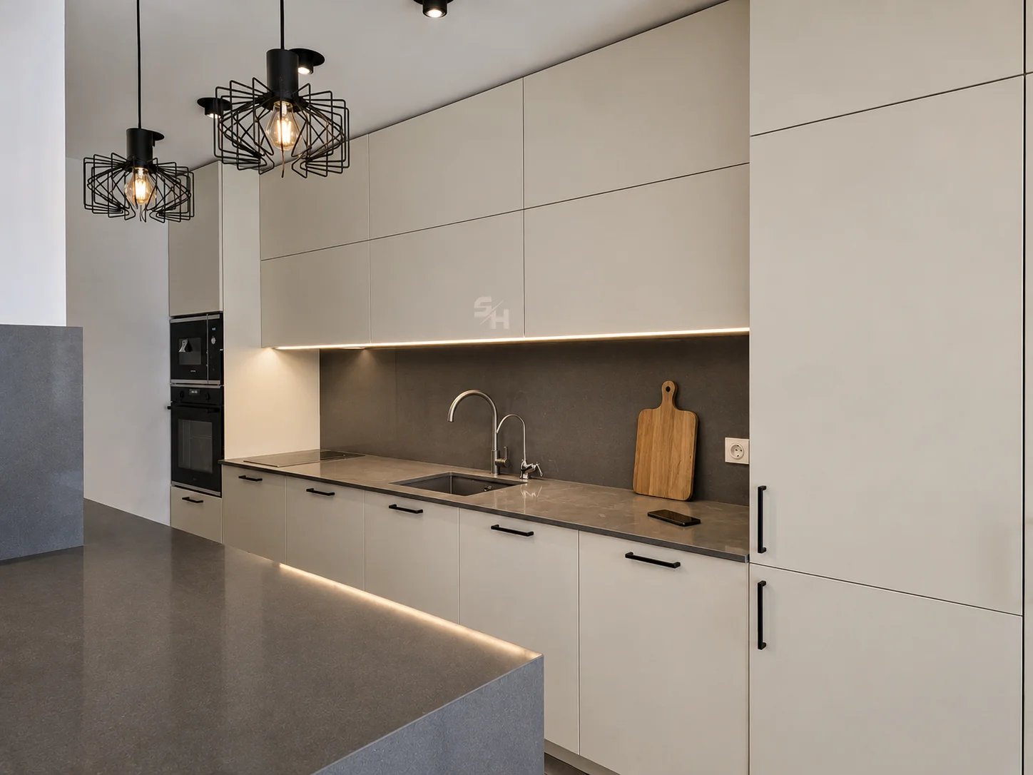 KDIA Kitchen & Living Room — kitchen in super-matt painted MDF with ExStone worktops