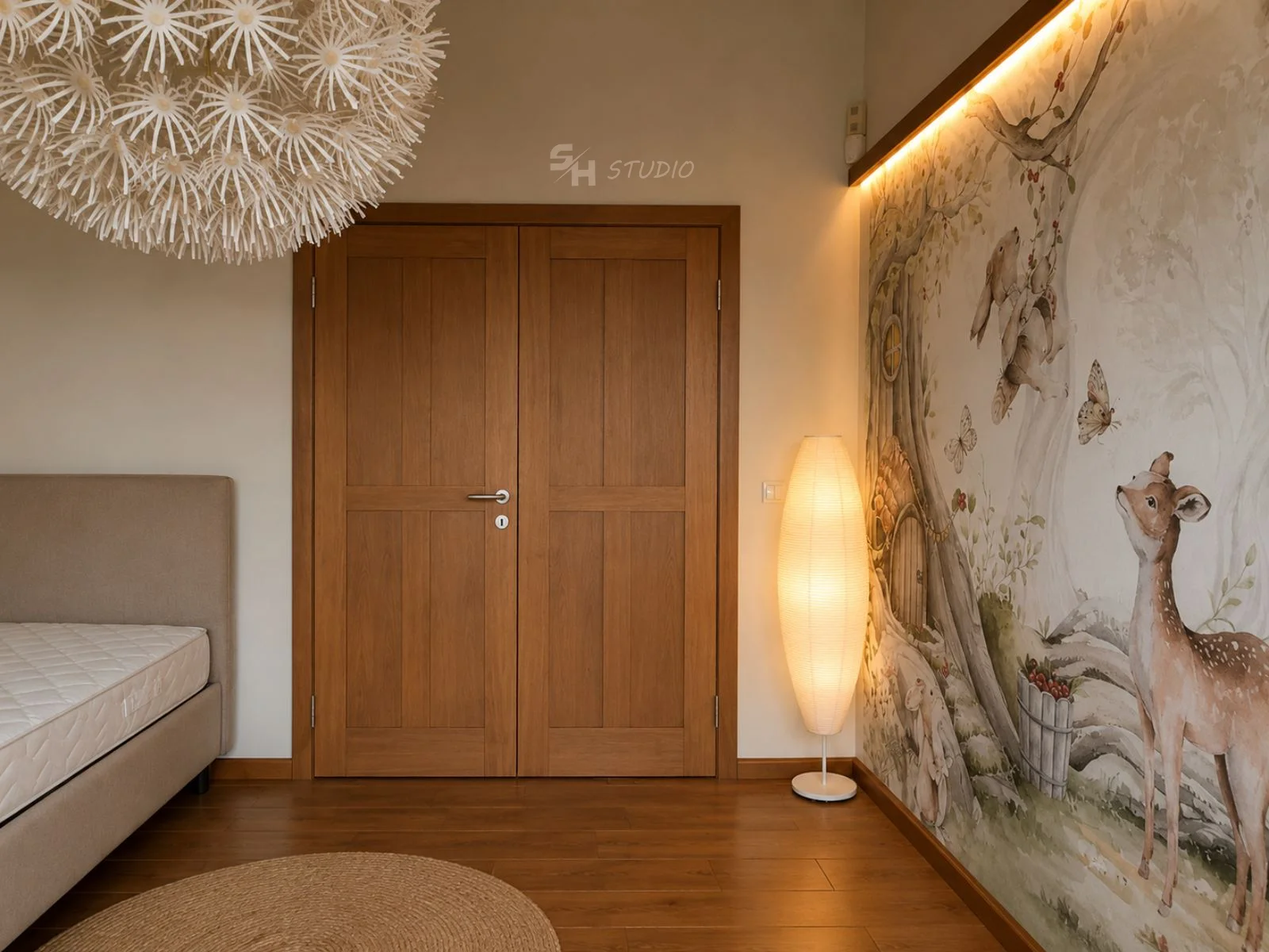 Baby Room — baby room with a double solid-wood door, illuminated feature wall and paper floor lamp