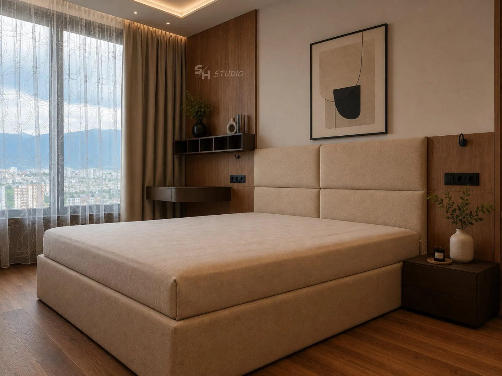 ADVH — main bedroom with upholstered bed and walnut-veneered wall panelling