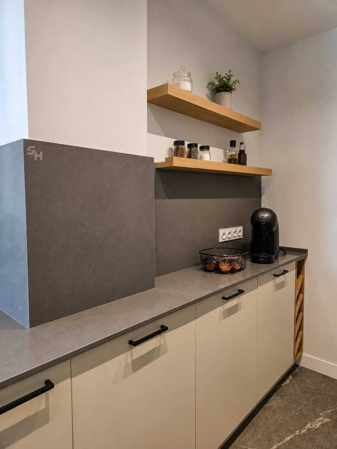 KDIA Kitchen & Living Room — kitchen in super-matt painted MDF with ExStone worktops