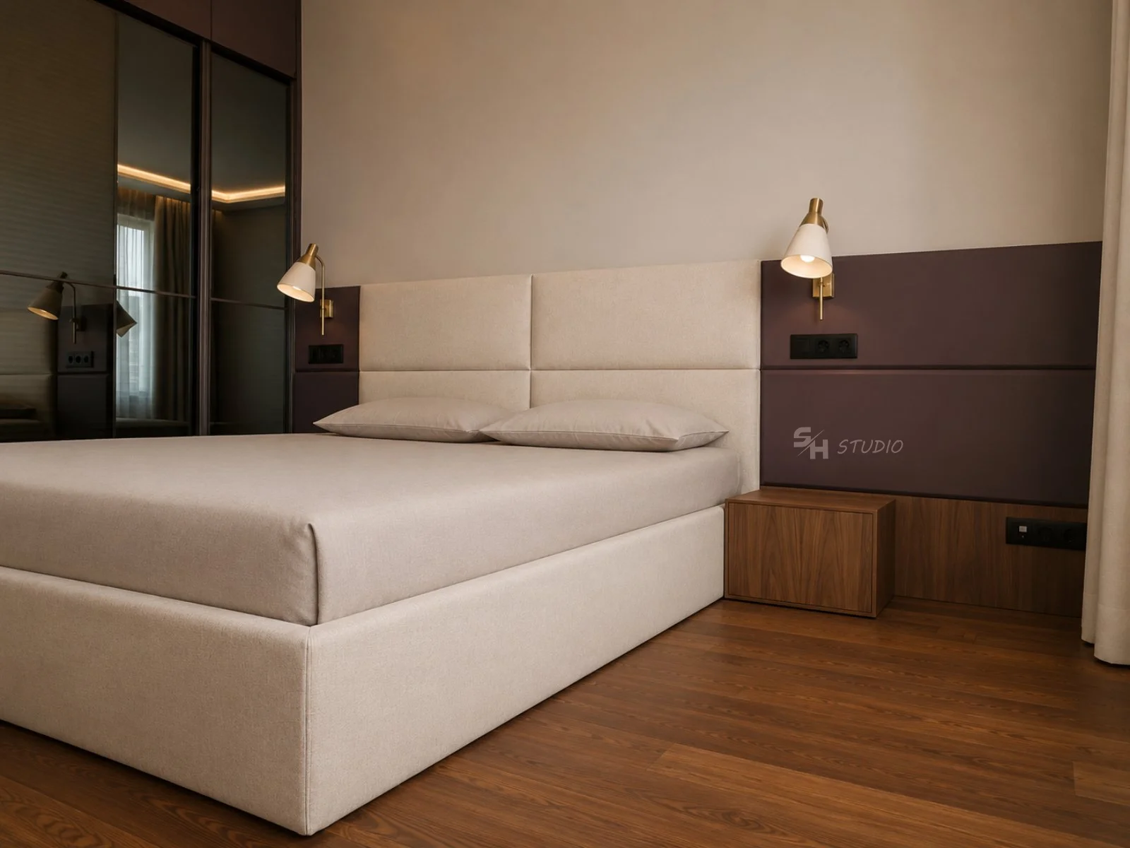 ADVH — upholstered guest bed with walnut bedside cabinet and wall panelling