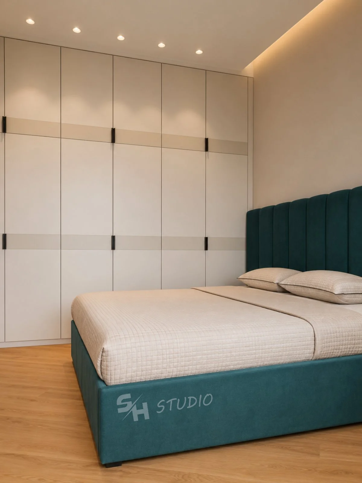 MMK Residence — bedroom wardrobe in two finishes with black handles