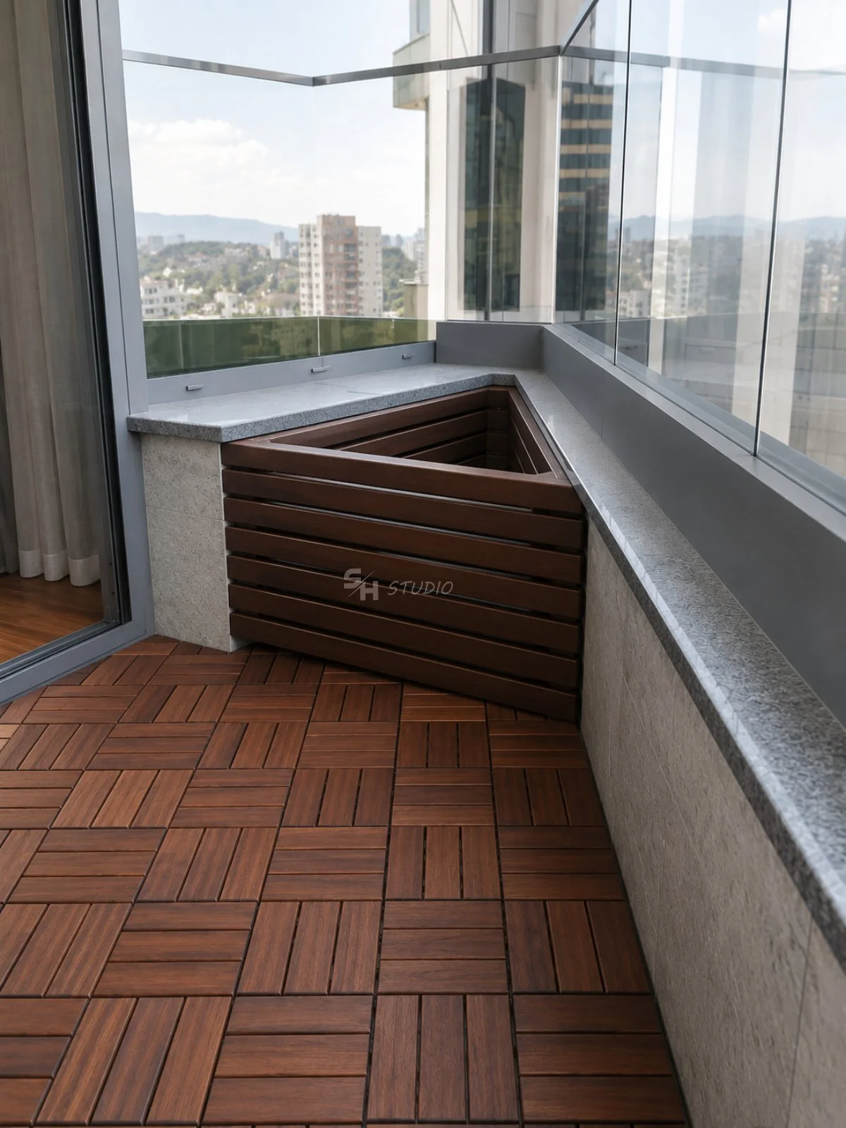 ADVH — waxed teak triangular planter and bespoke movable wall planters on the balcony
