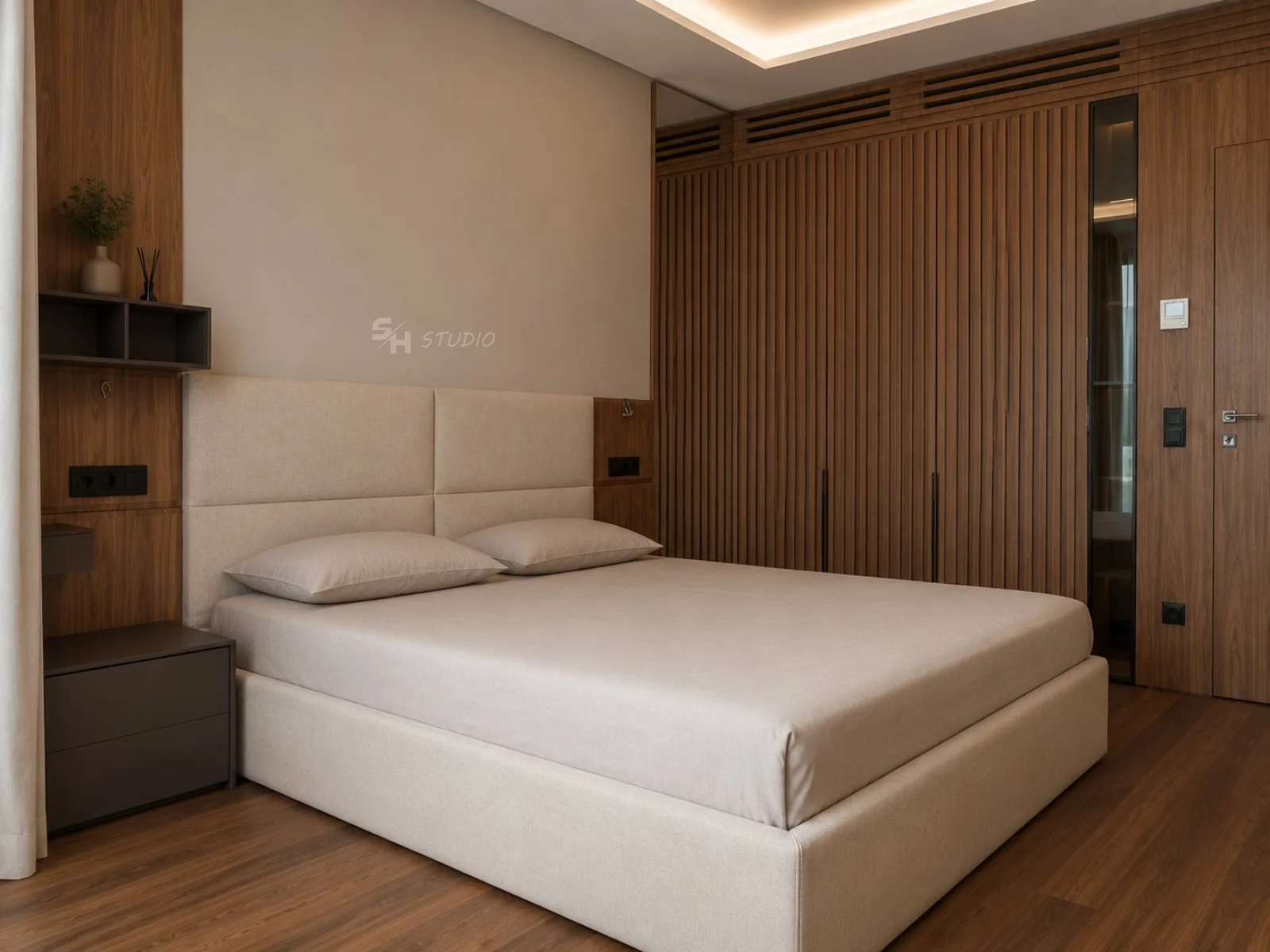 ADVH — main bedroom with upholstered bed and full-height walnut slatted wardrobes