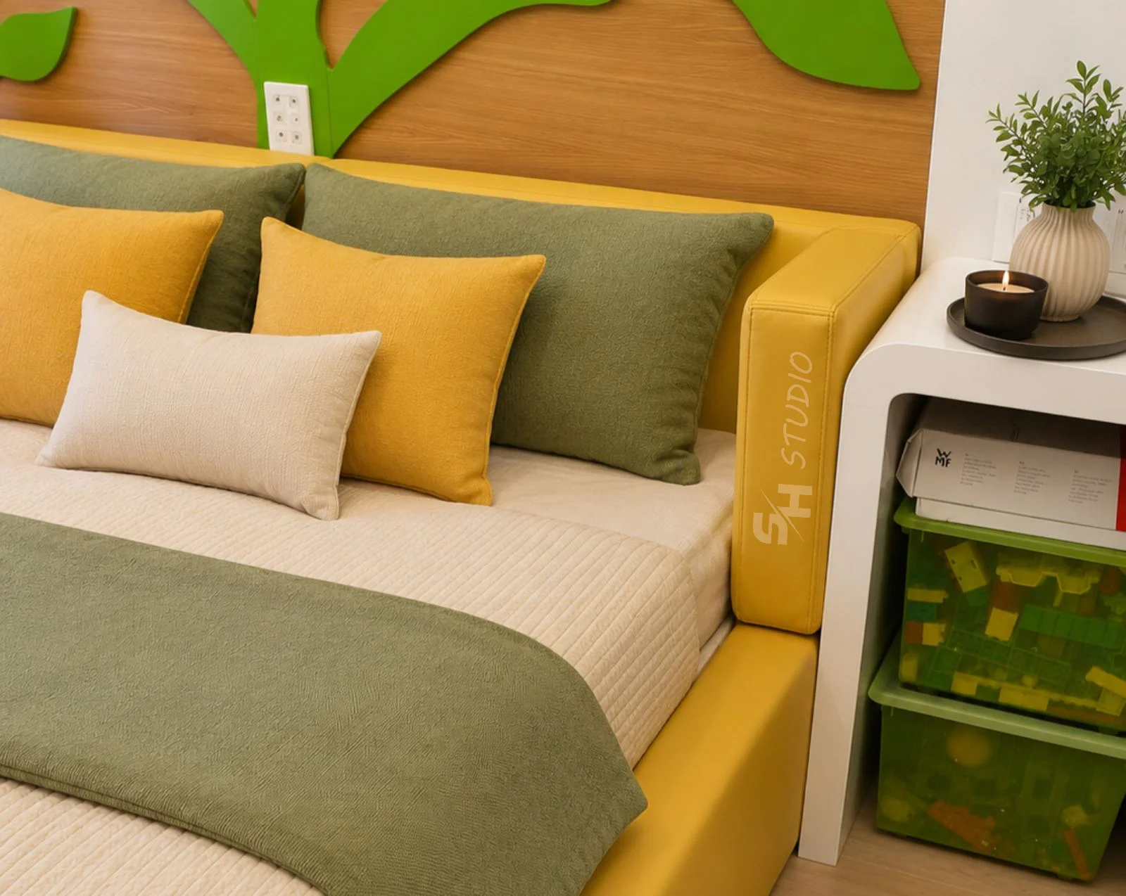 ARY Residence — upholstered bed detail with integrated bedside storage
