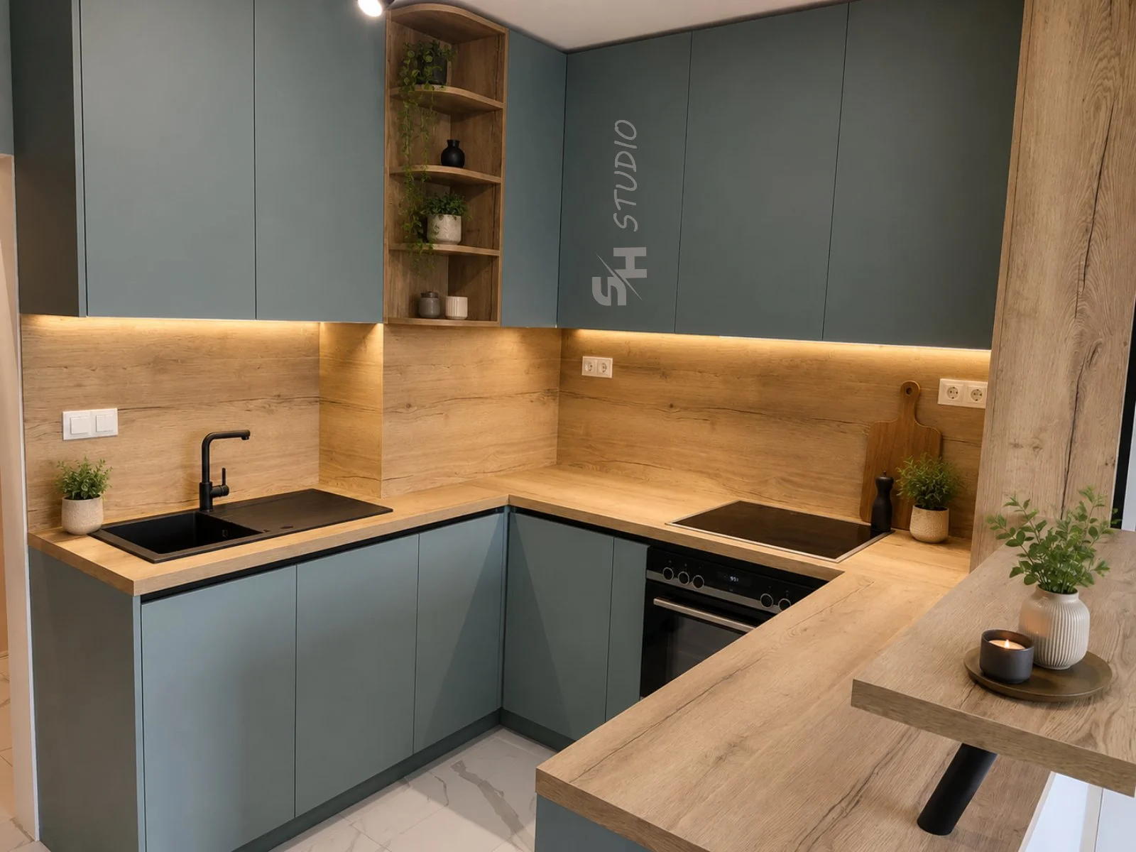 BPN Residence — U-shaped kitchen with oak-effect worktop and corner shelves