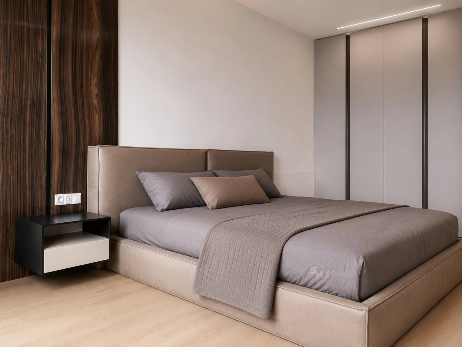 PSNG — bedroom with upholstered bed and sliding-door wardrobe