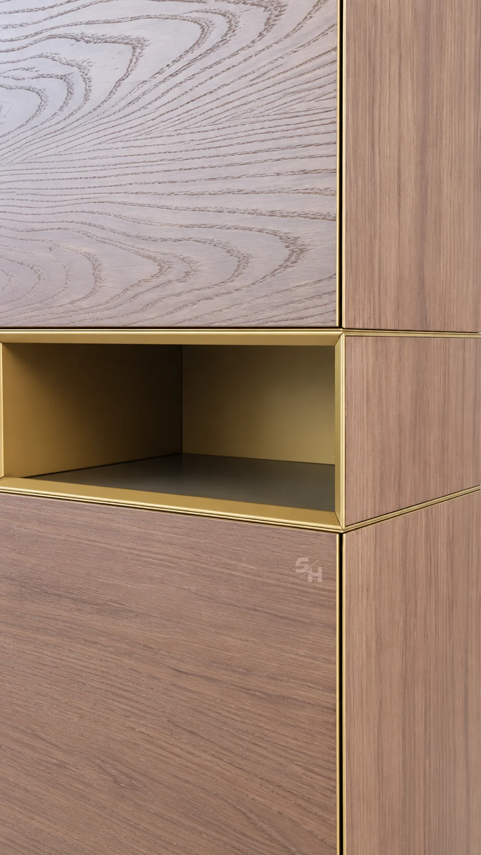 Customized Drawer — veneer and gold-painted frame with open shelf and drawer