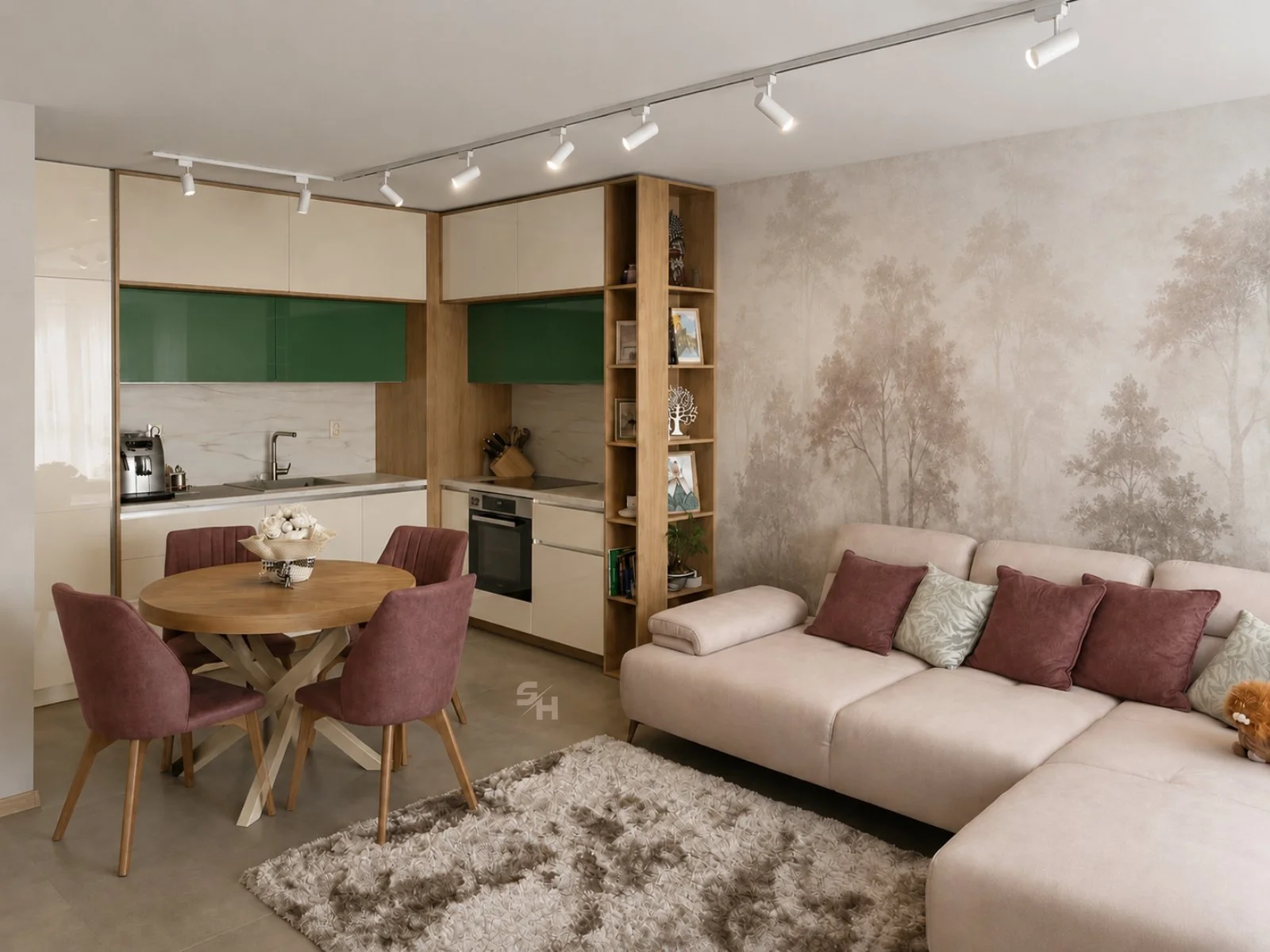 TN — two-wall kitchen with wood-grain laminated chipboard