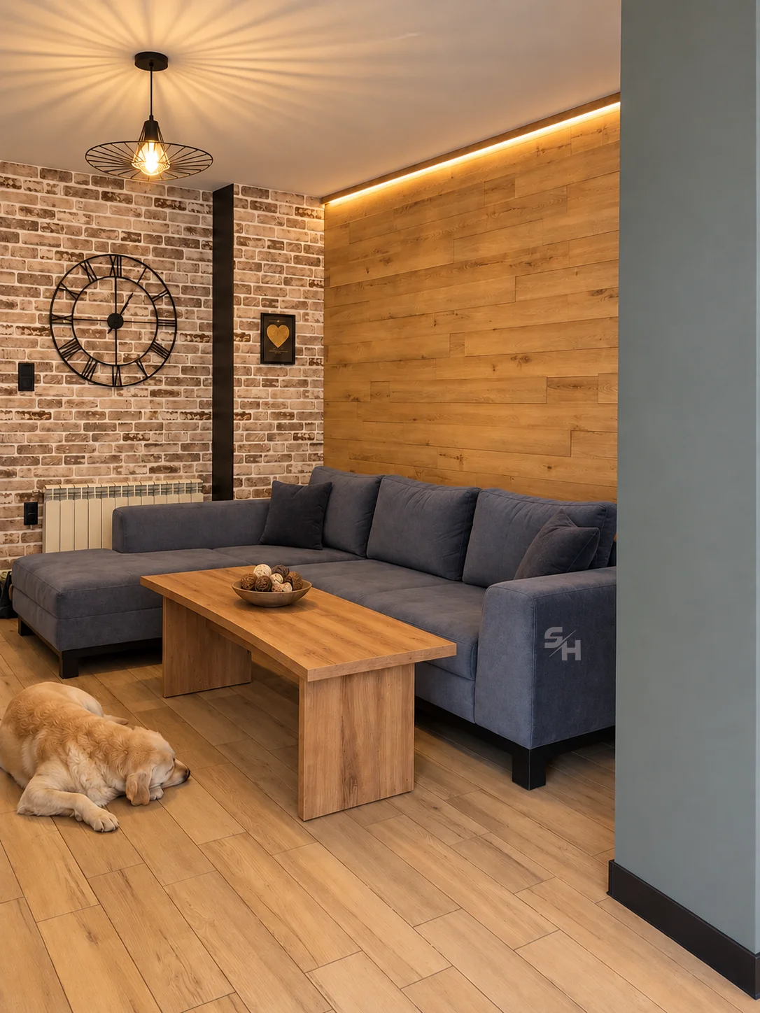 IATA — living room with backlit wood-plank wall and oak coffee table